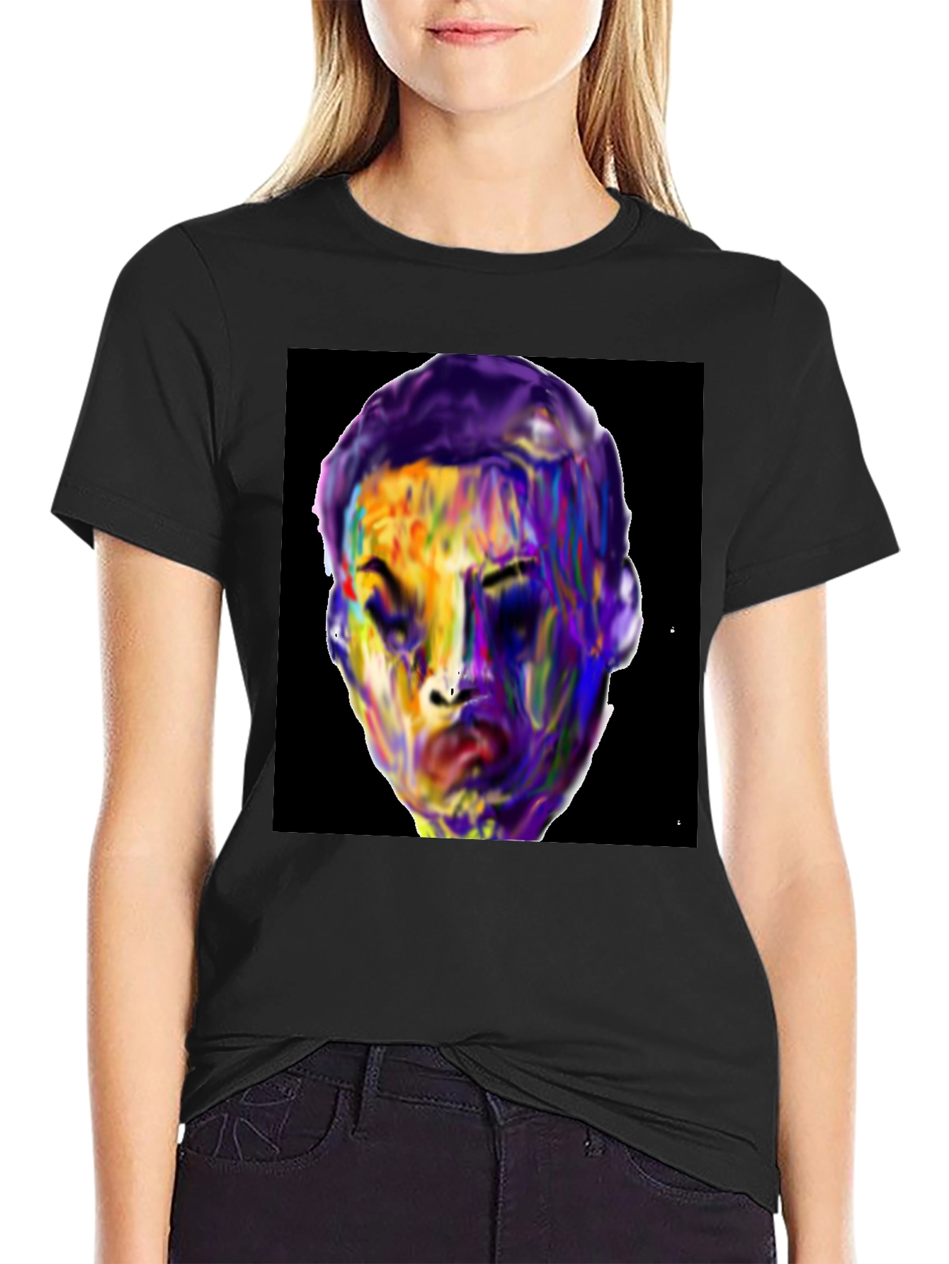 Black Vivid Face Graphic Tee - Black Cotton Blend view 2