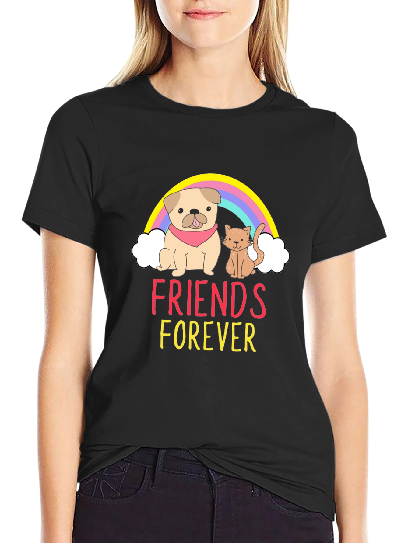 Black Friends Forever Graphic Tee - Cute Dog and Cat T-Shirt view 2