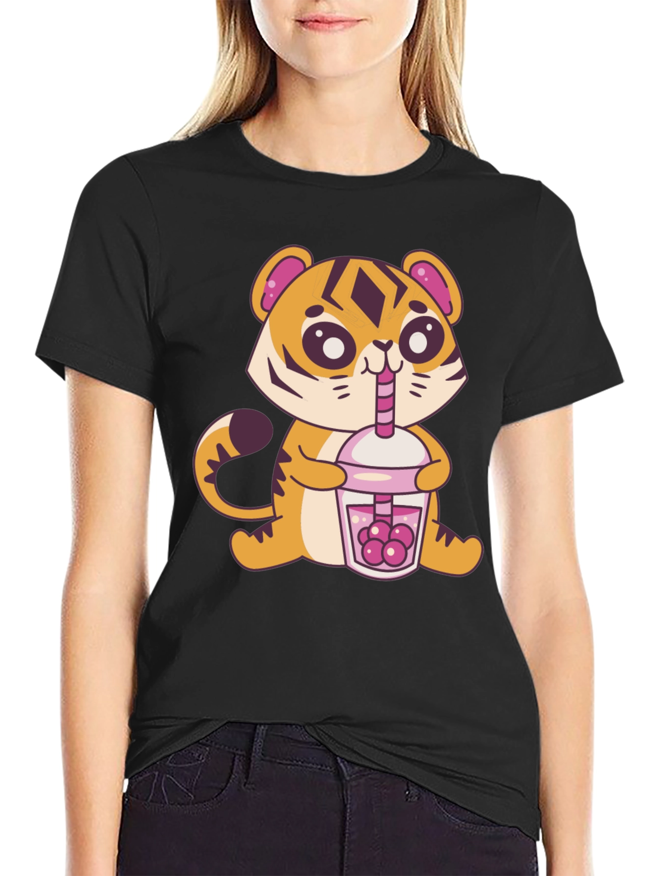Black Cute Tiger Boba Tea Graphic Tee - Black view 2