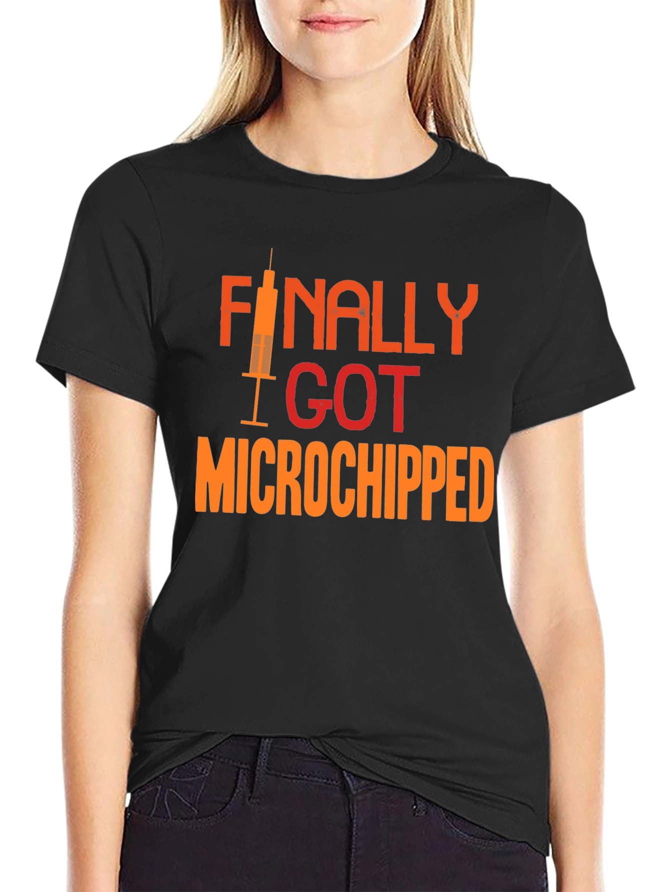 Black Finally Microchipped T-Shirt: Funny Vaccine Tee view 2
