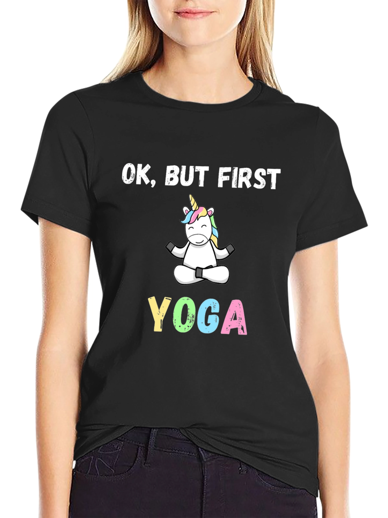 Black Yoga Unicorn T-Shirt - OK, But First Yoga view 2
