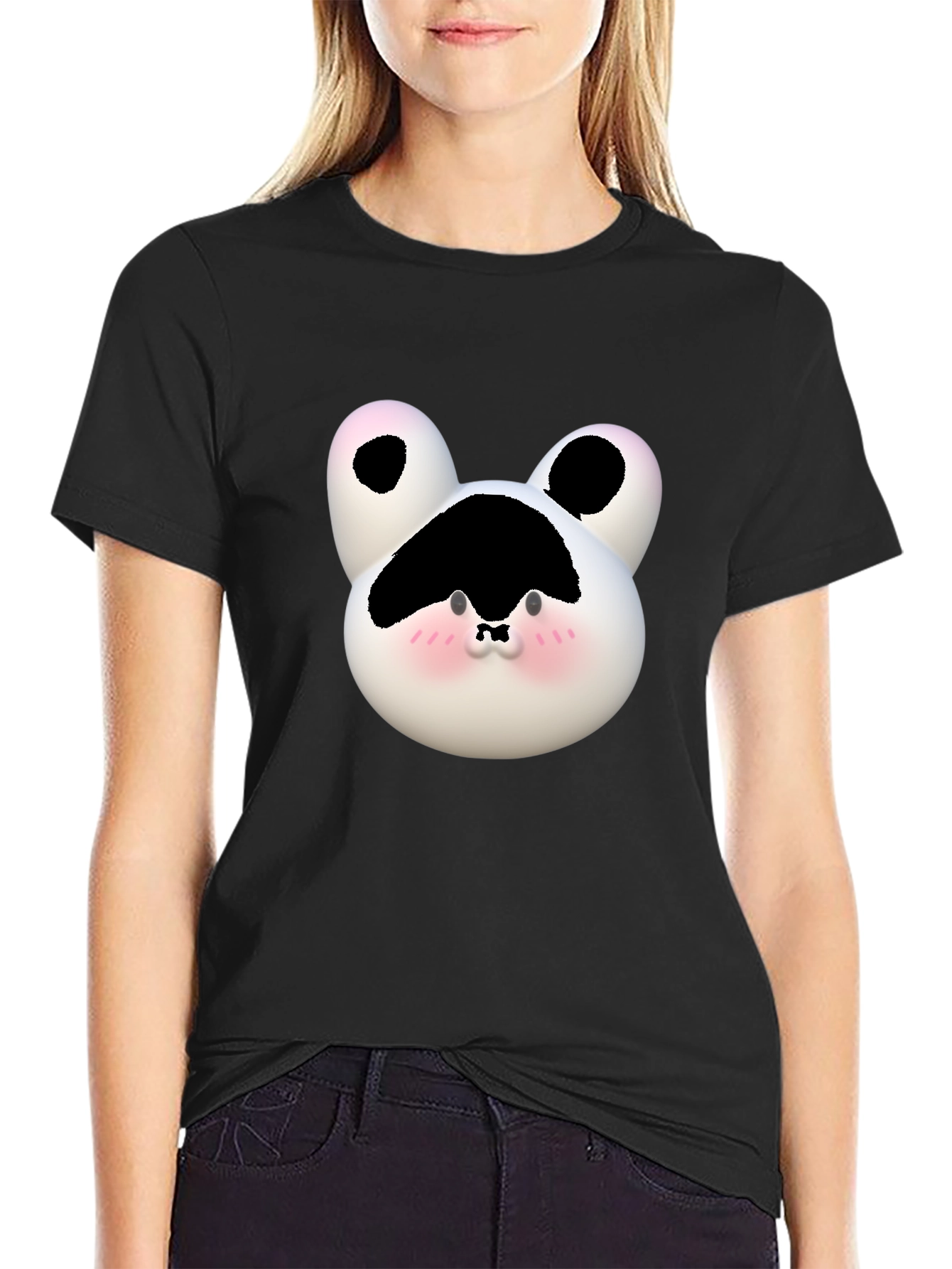 Black Cute Cartoon Cow Face Black T-Shirt view 2