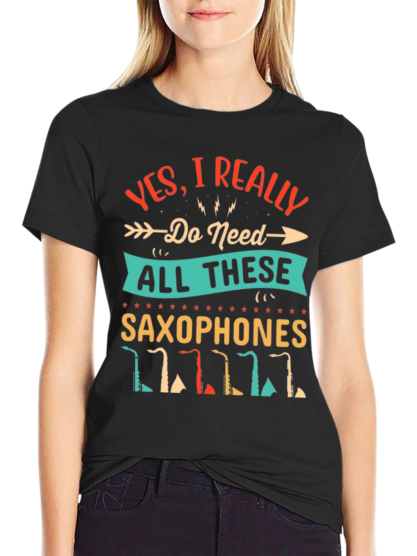 Black Saxophone Lover T-Shirt - I Need All These Saxophones! view 2