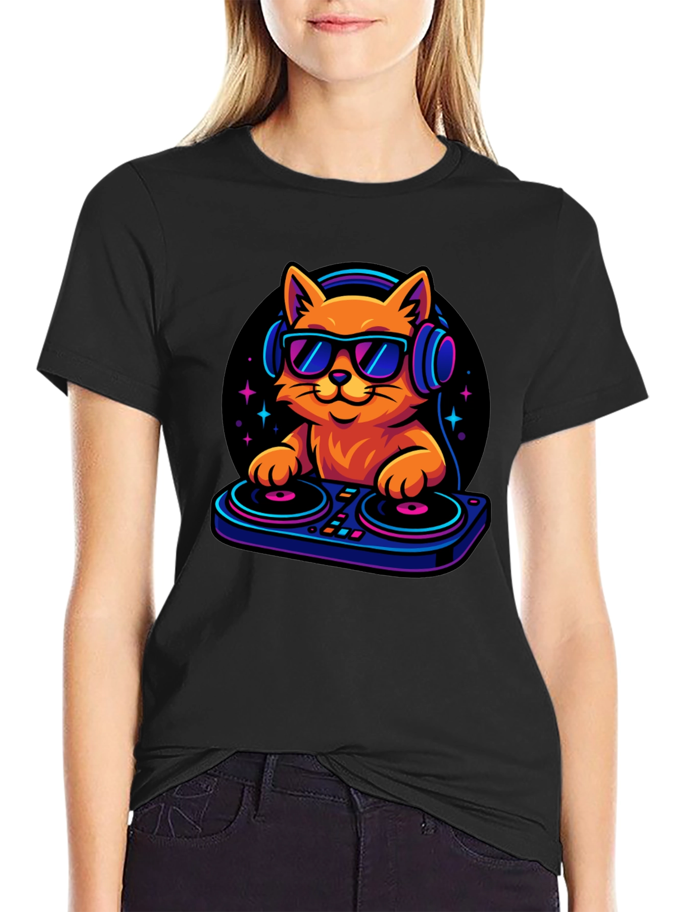 Black DJ Cat T-Shirt - Cool Cat with Headphones! view 2