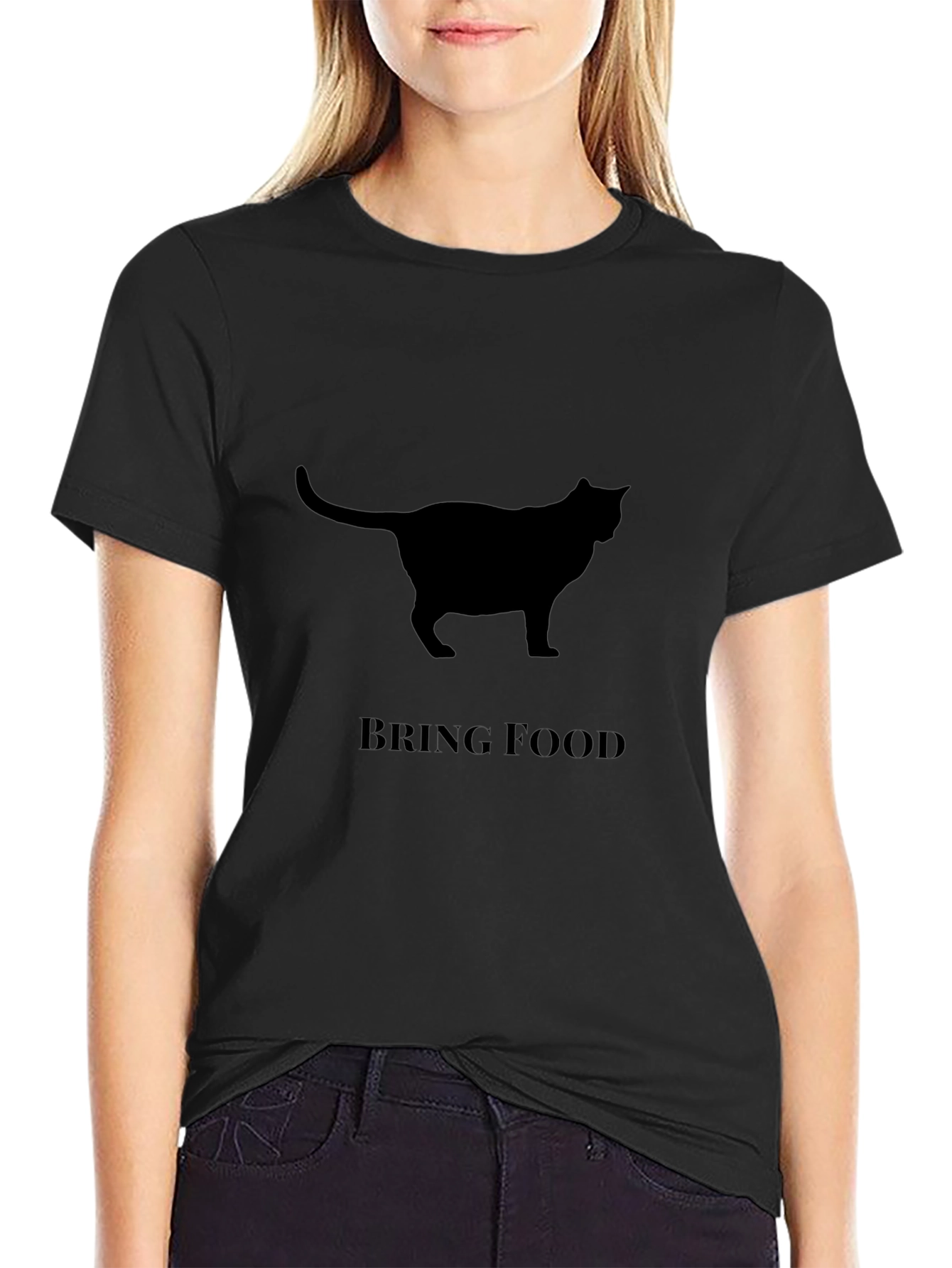 Black Cat Silhouette "Bring Food" Graphic T-Shirt view 2