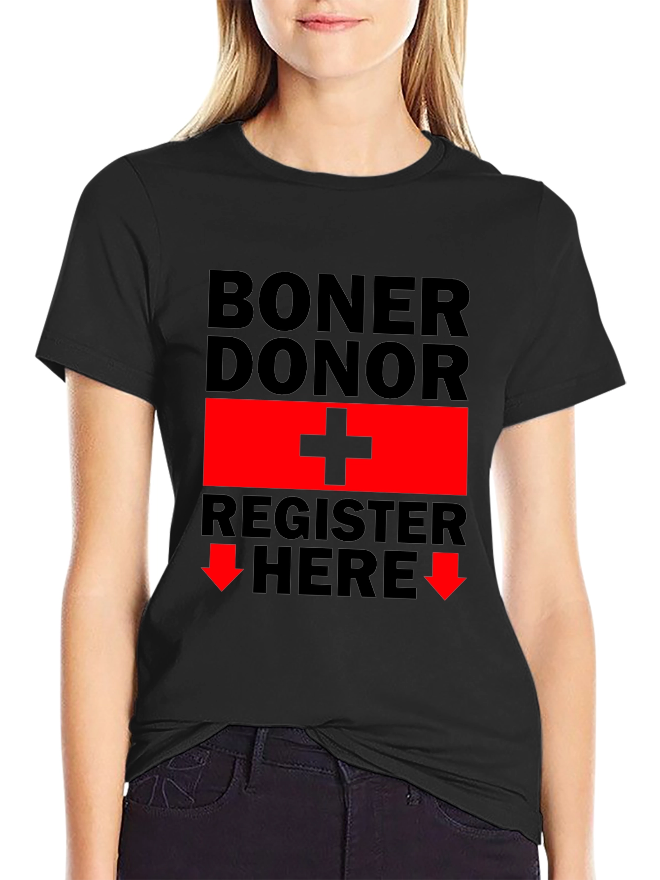 Black Boner Donor Register Here Funny Graphic Tee view 2