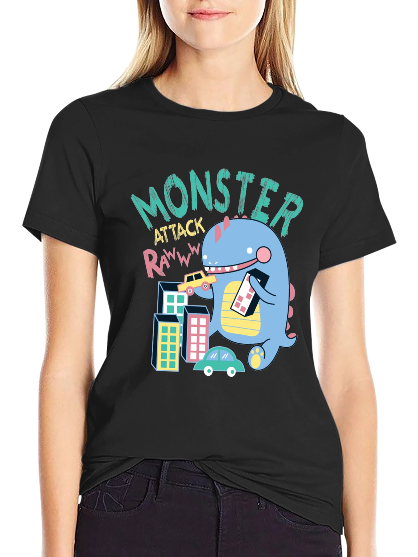 Black Monster Attack Graphic T-Shirt - Fun & Unique Design view 2