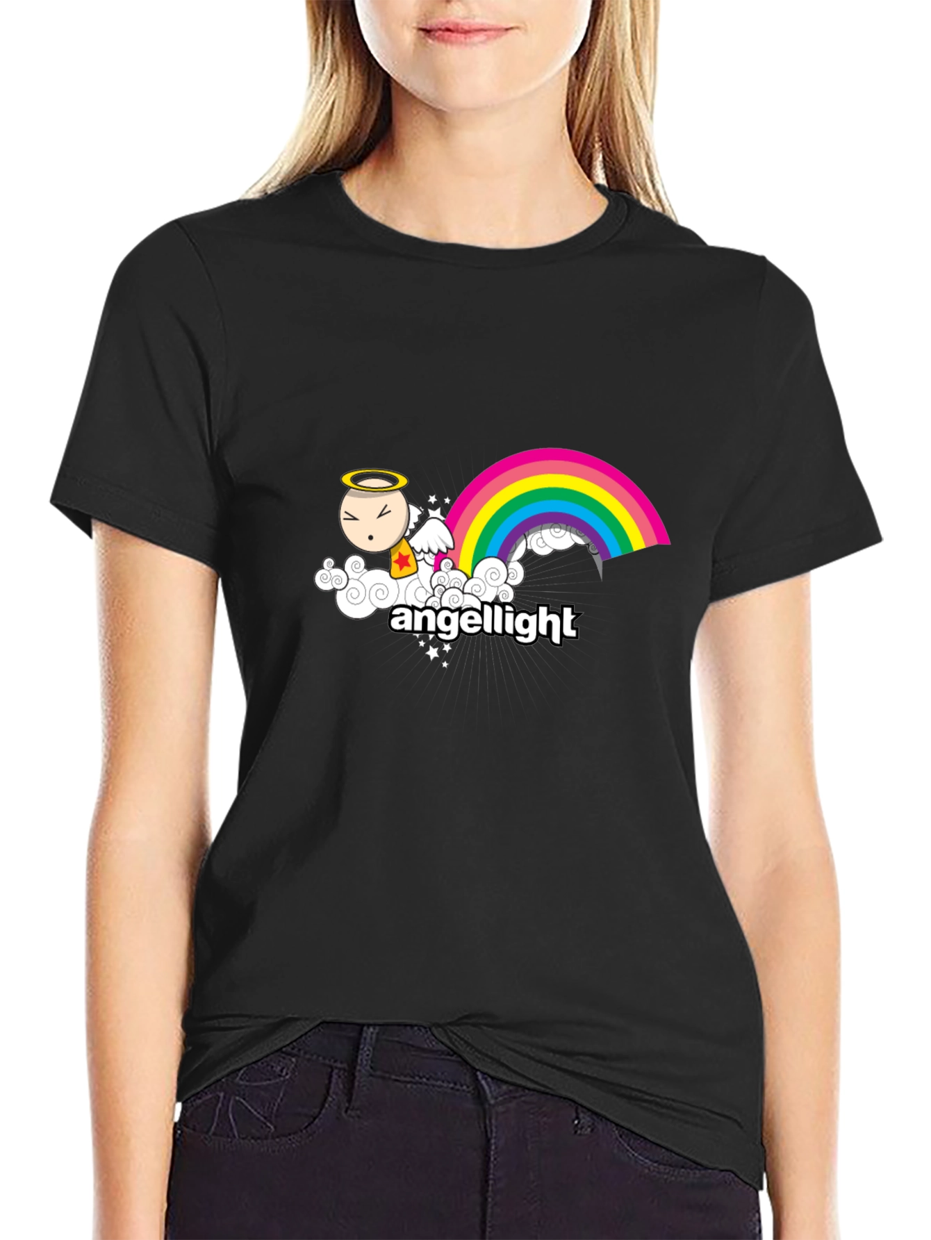 Black Angellight Graphic T-Shirt - Black Crew Neck Tee view 2