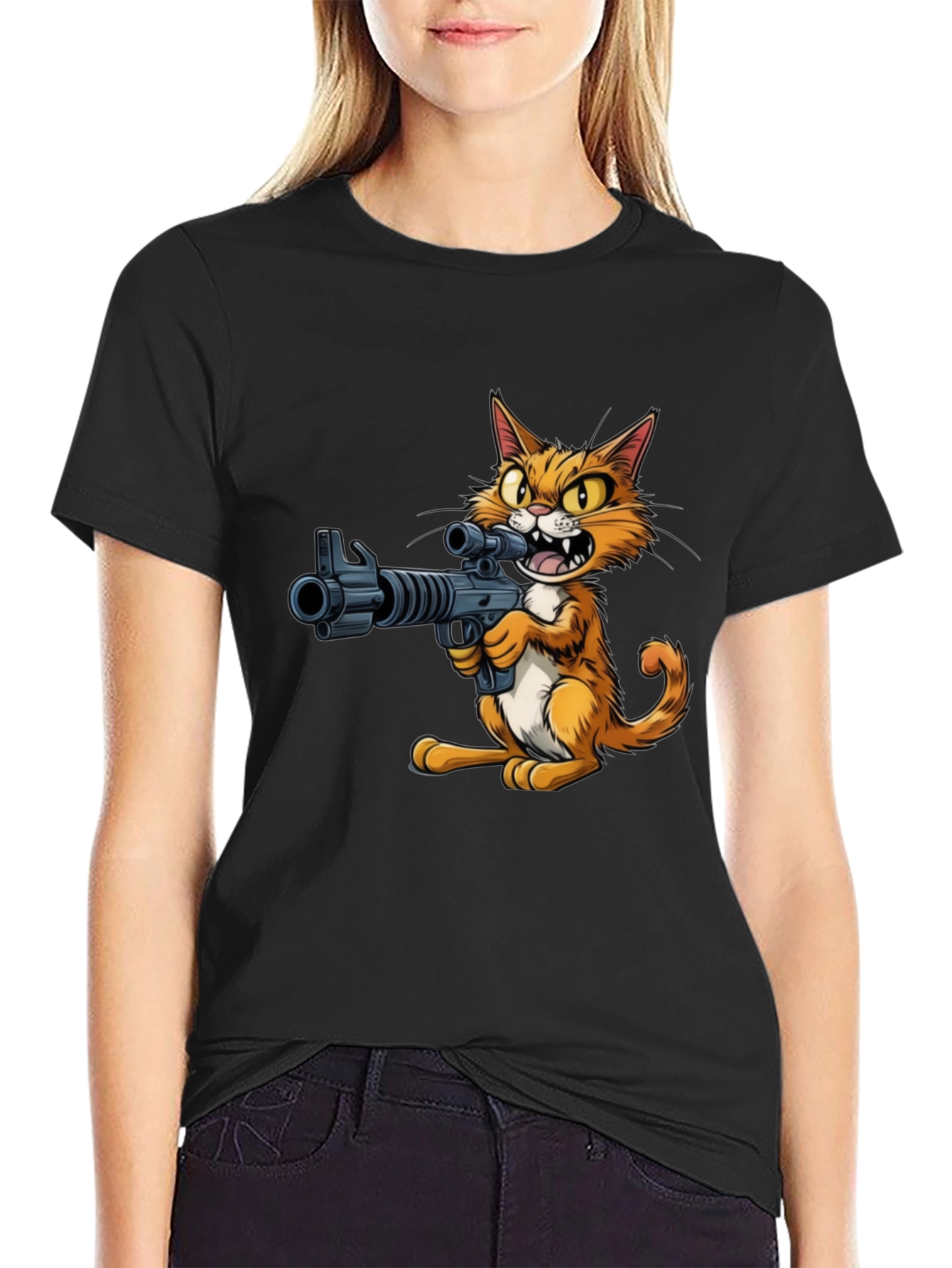 Black Cat with Gun Graphic T-Shirt view 2