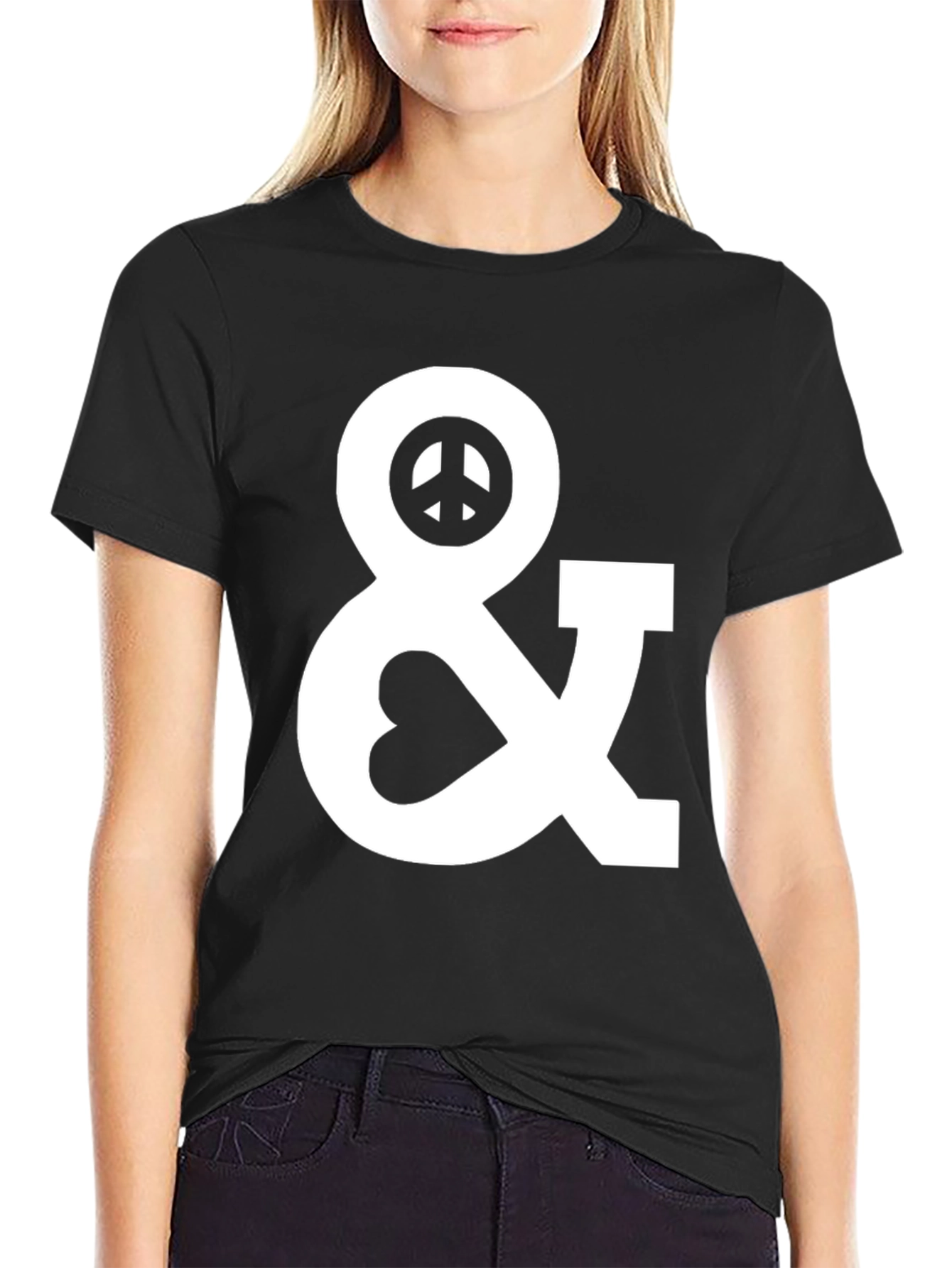Black Peace & Love Graphic T-Shirt - Black Cotton Blend view 2
