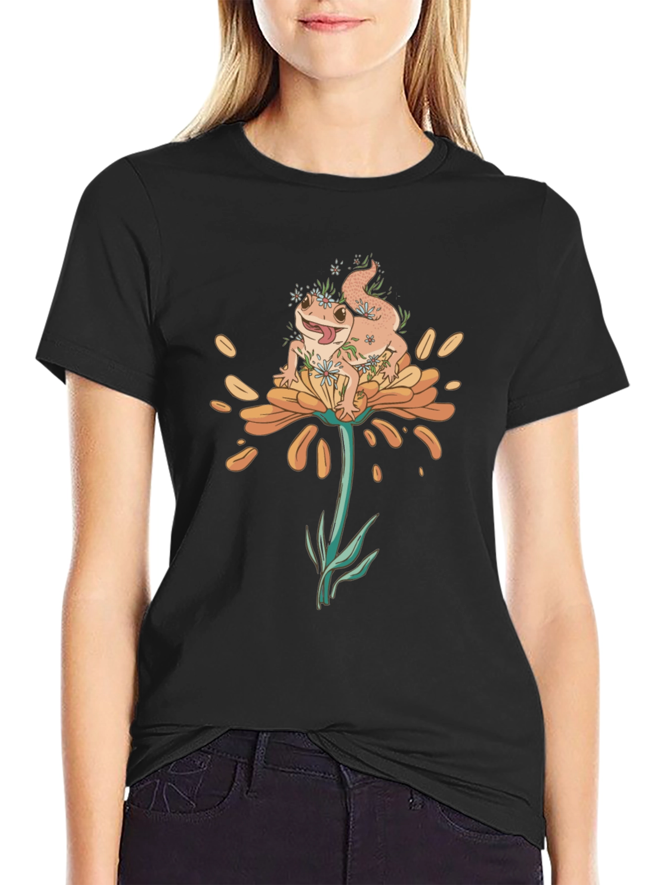 Black Gecko on Flower Graphic T-Shirt - Black view 2