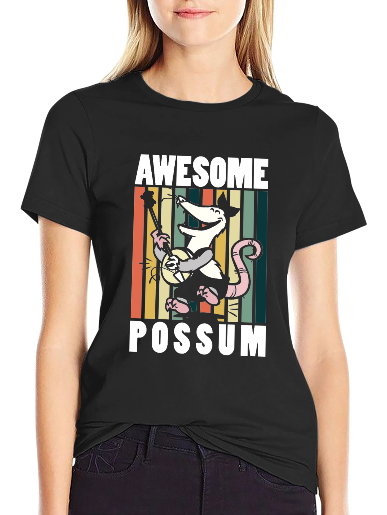 Black Awesome Possum T-Shirt, Banjo Playing Opossum Tee view 2