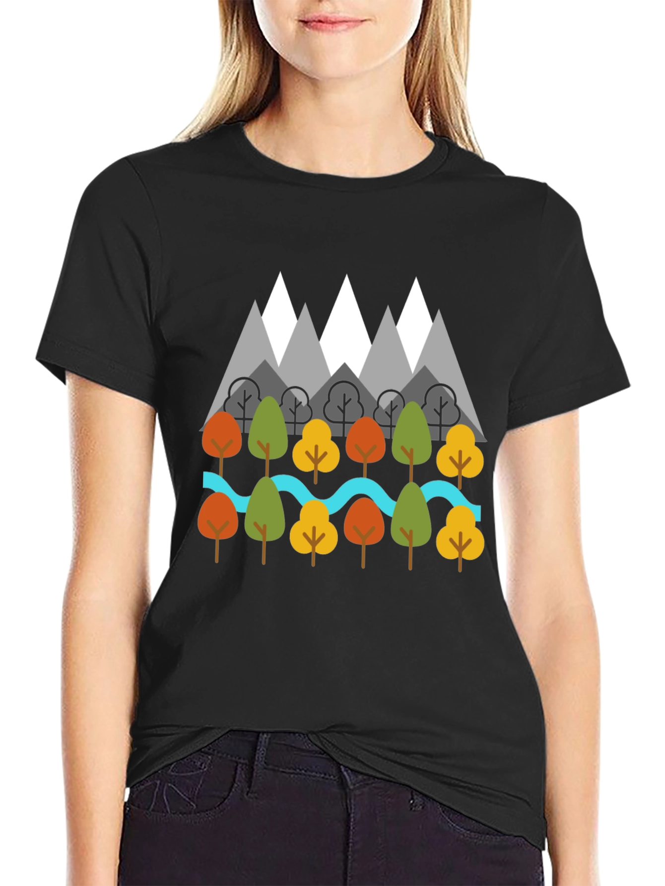 Black Nature Graphic T-Shirt - Mountains, Trees, River Design view 2