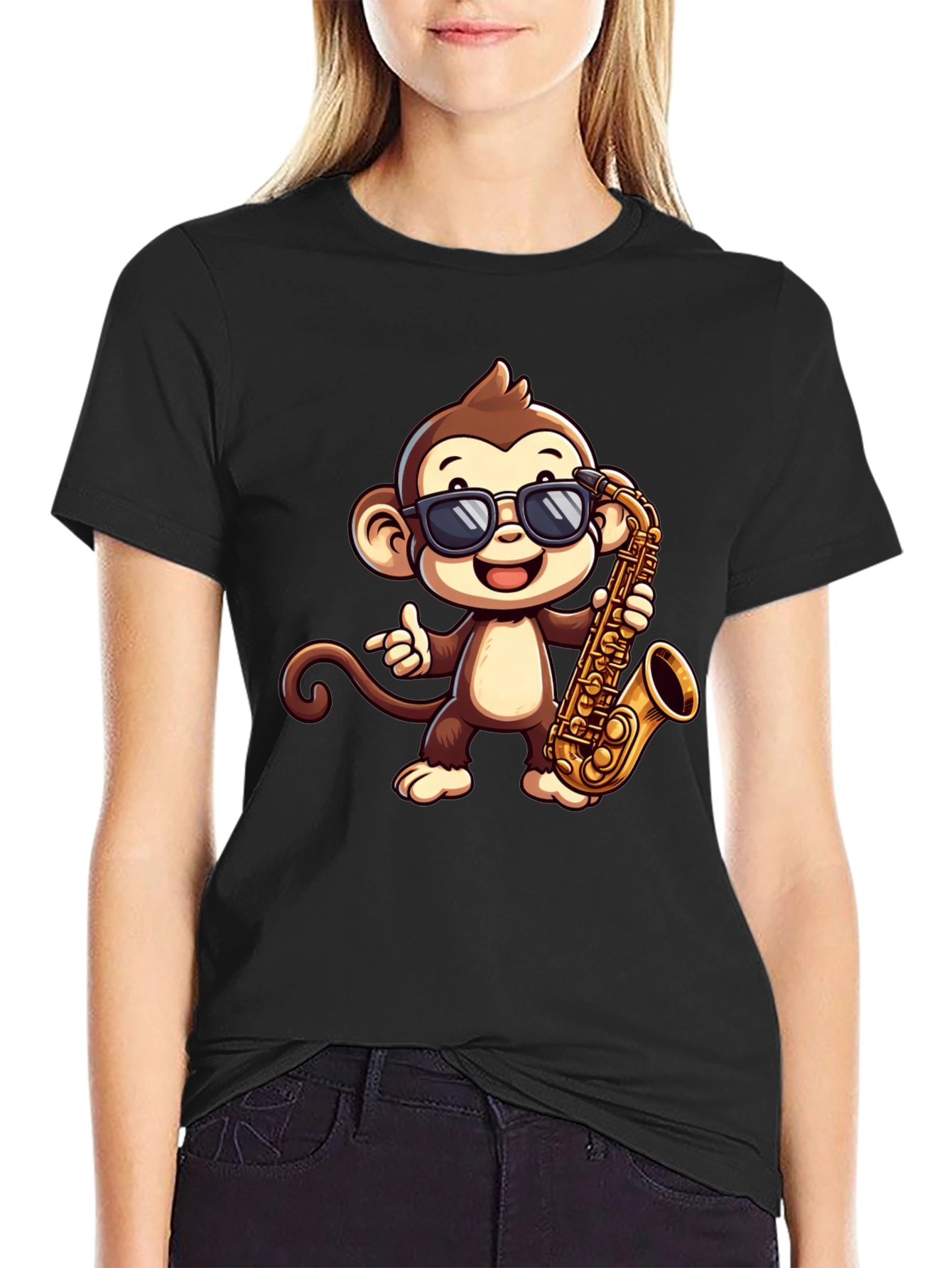 Black Monkey Saxophone Graphic Tee - Cool Cartoon T-Shirt view 2