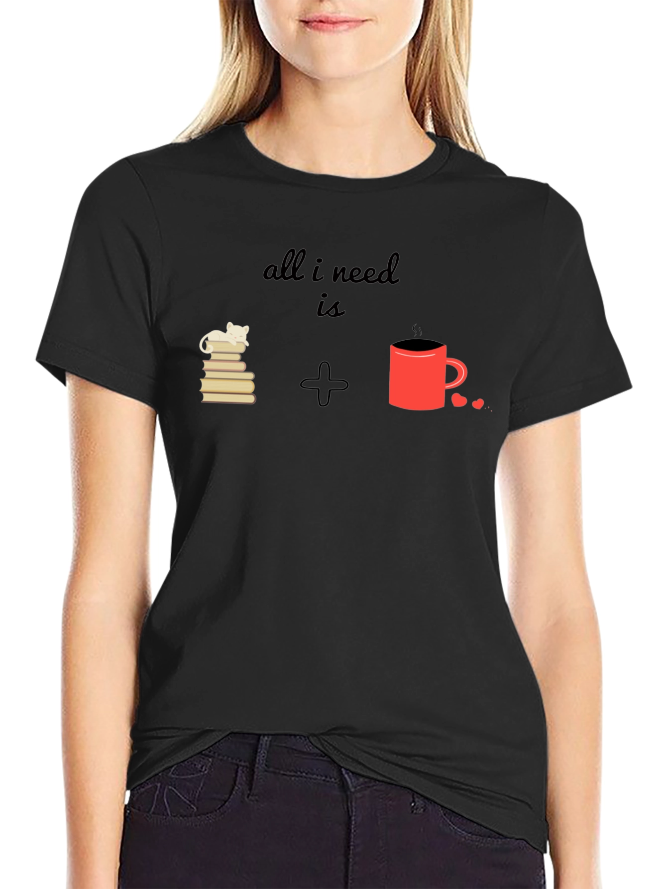 Black All I Need Is Cat Books Coffee T-Shirt view 2