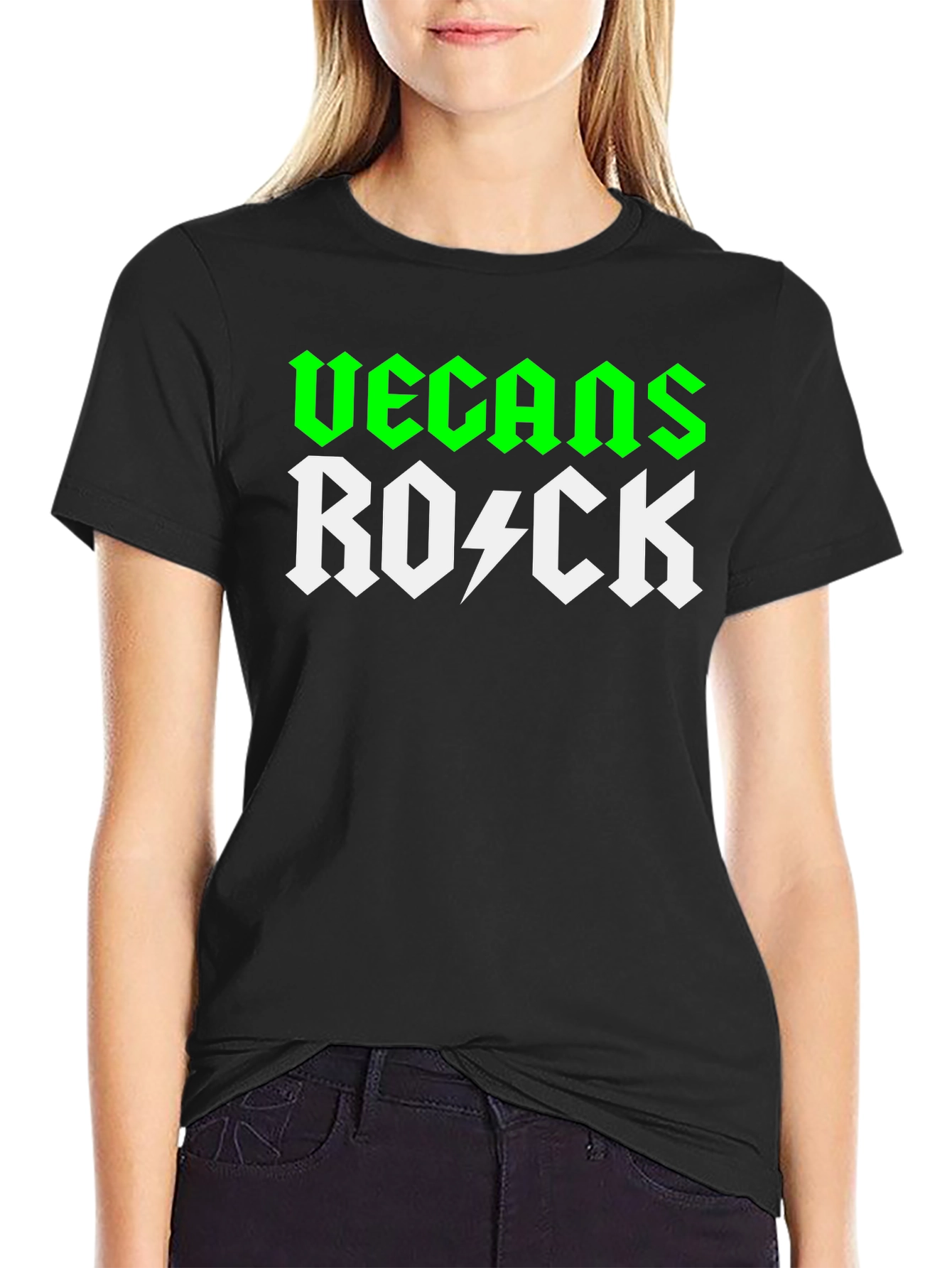 Black Vegans Rock T-Shirt - Green & White Graphic Tee view 2