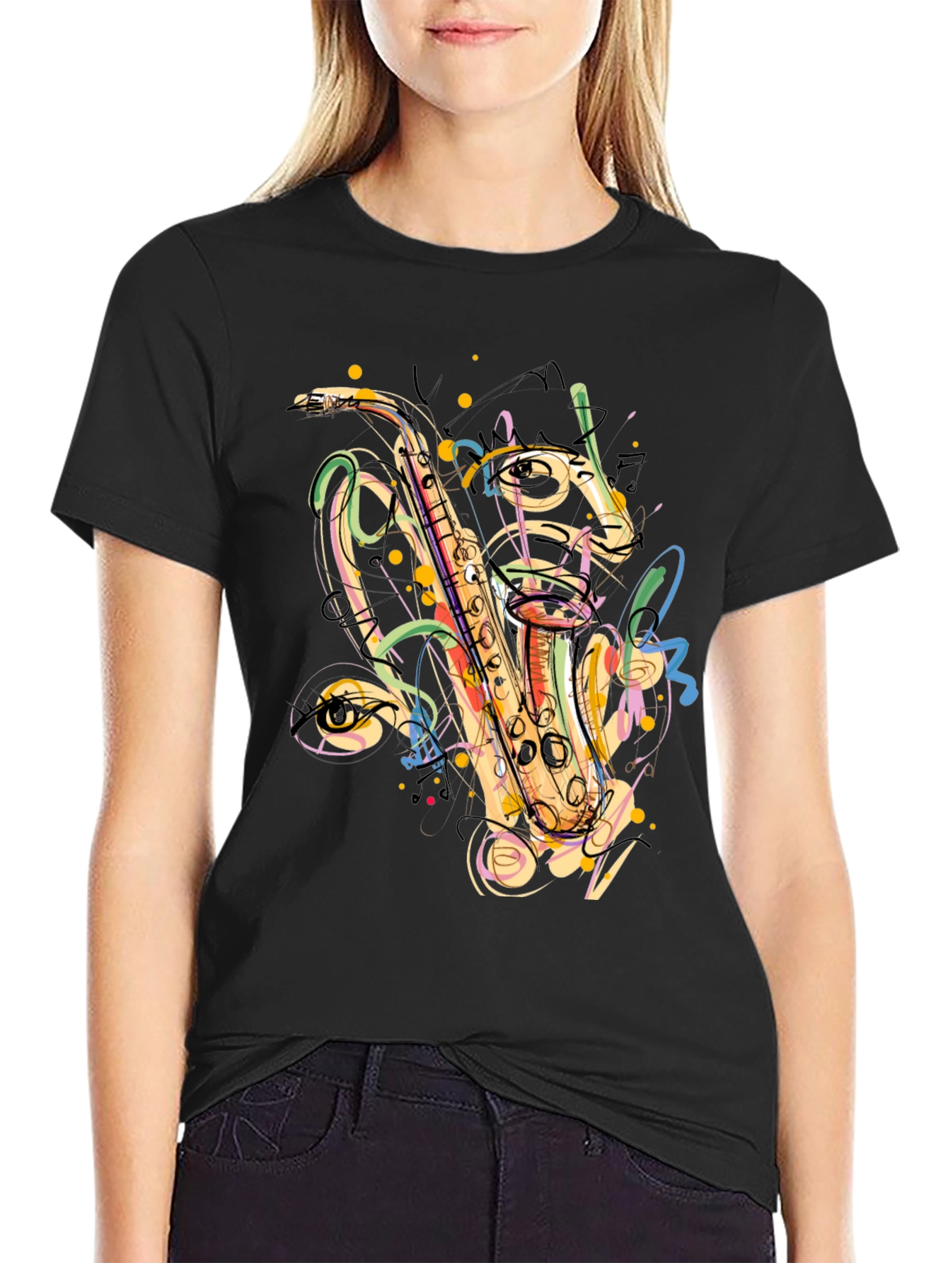 Black Saxophone Graphic Print Black T-Shirt view 2