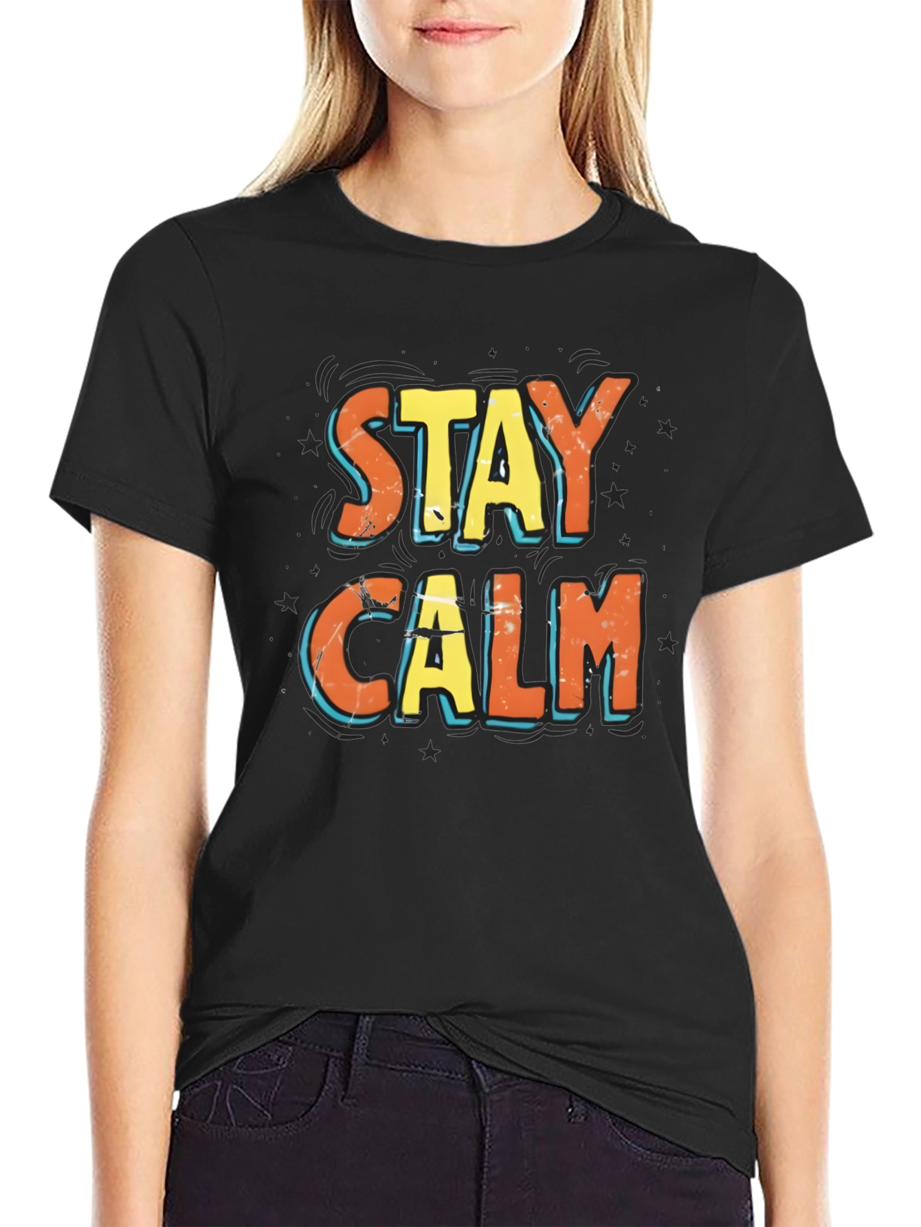Black Stay Calm Graphic Print Black T-Shirt view 2