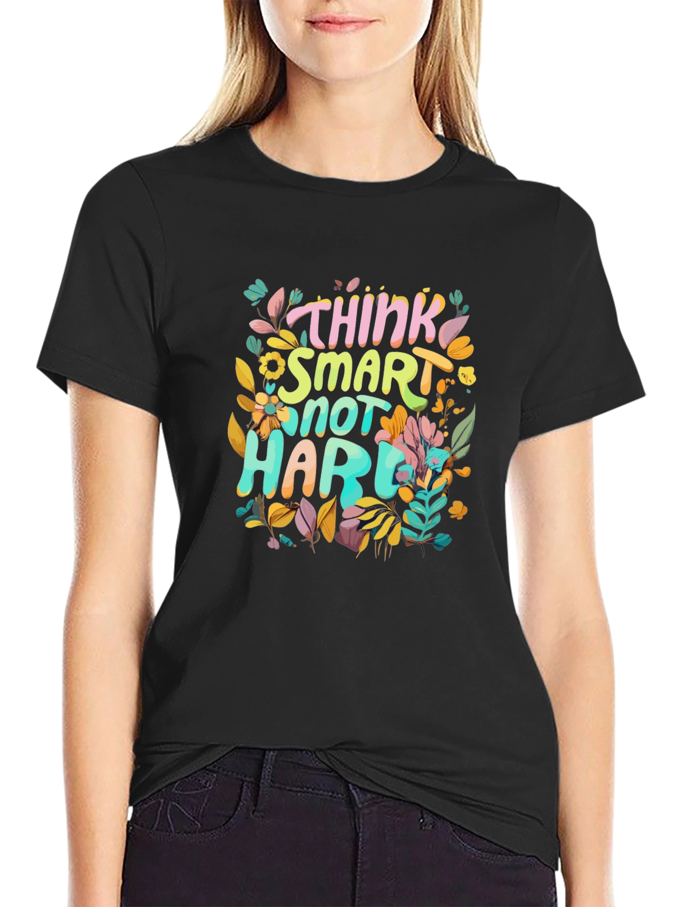 Black Think Smart T-Shirt - Unique Floral Design view 2
