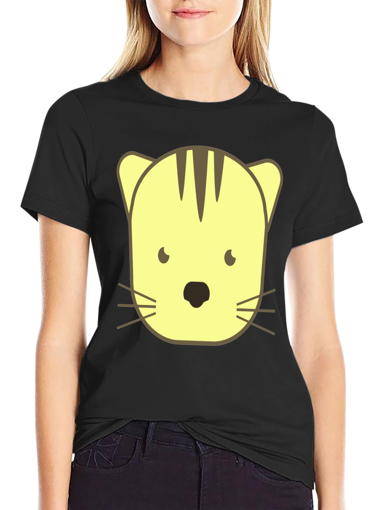 Black Cute Cartoon Cat Graphic Black T-Shirt view 2