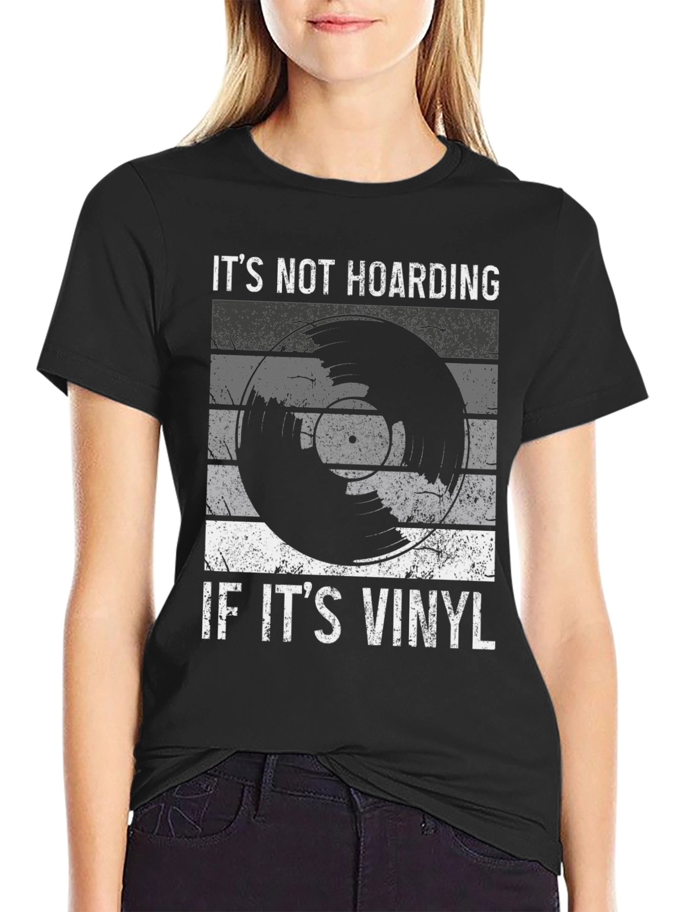 Black It's Not Hoarding If It's Vinyl T-Shirt view 2