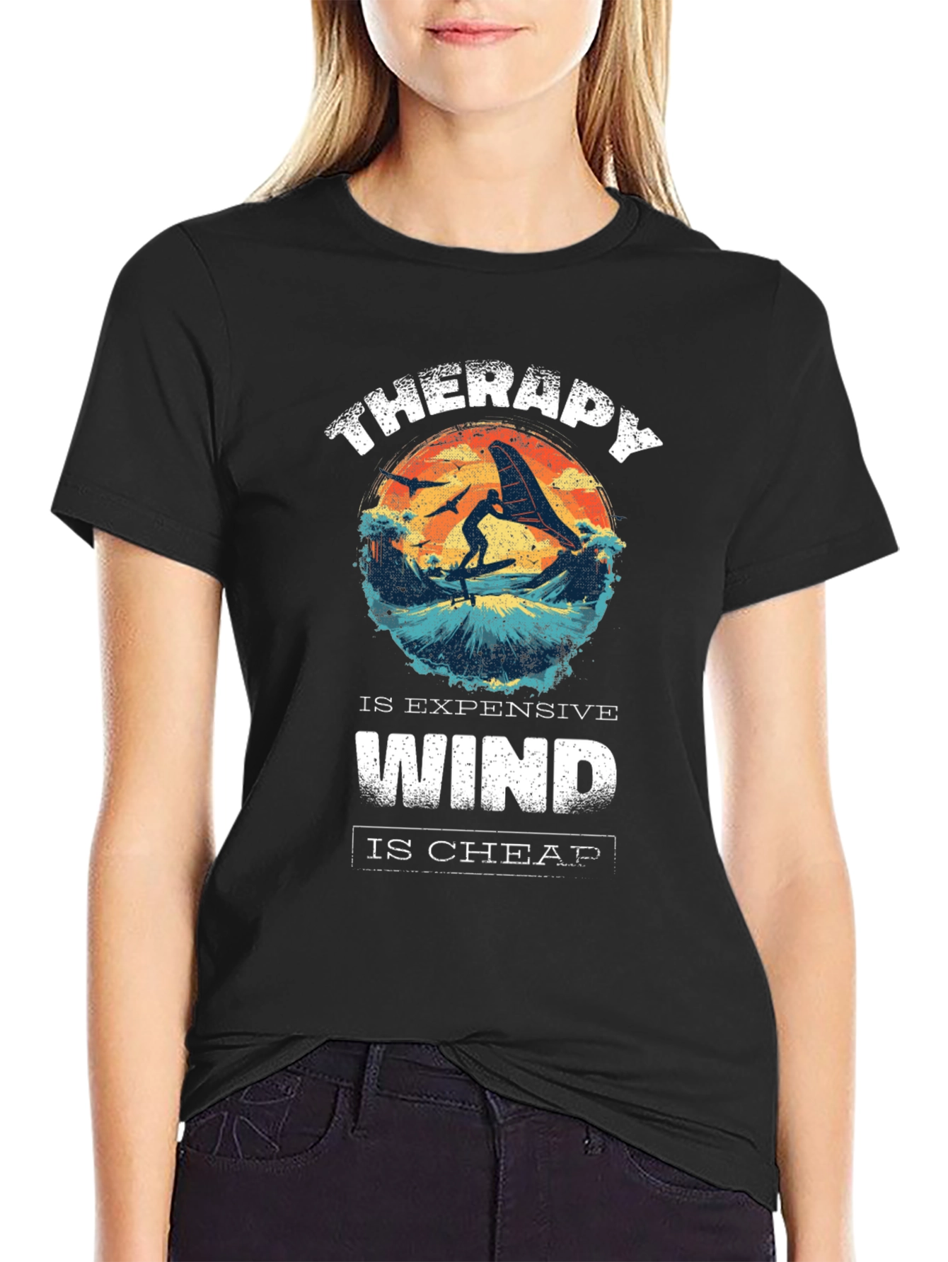 Black Therapy is Expensive Wind is Cheap Graphic T-Shirt view 2