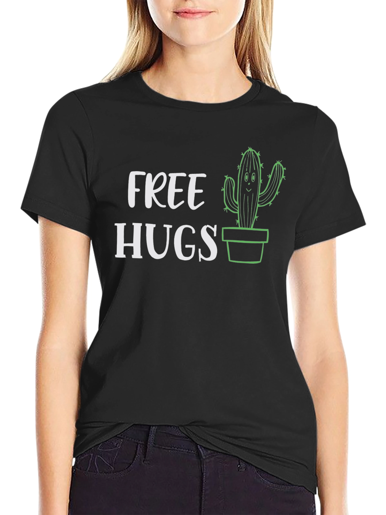 Black Free Hugs Cactus Graphic Tee - Black Cotton T-Shirt view 2