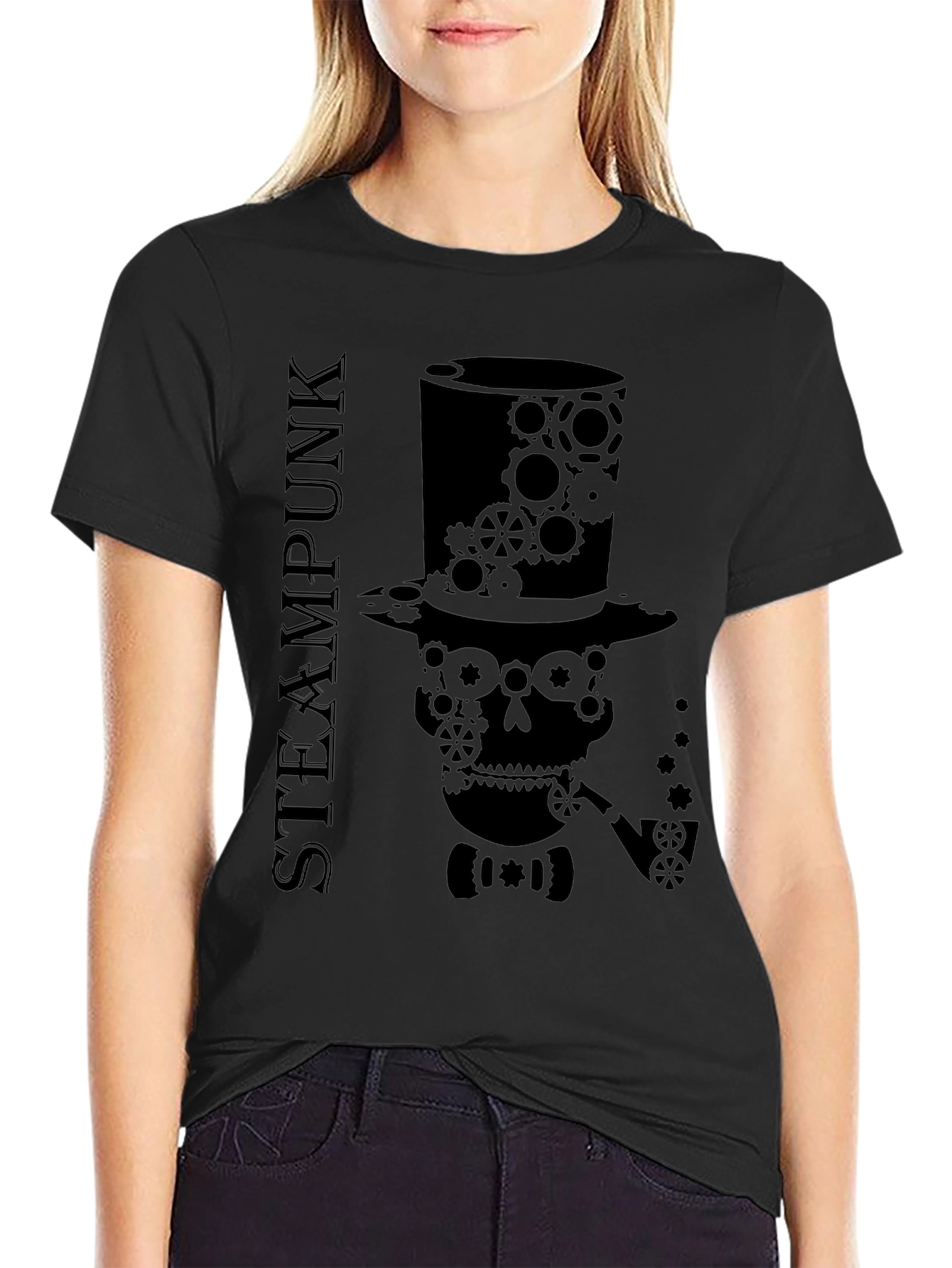 Black Steampunk Skull Gear T-Shirt - Unique Design view 2