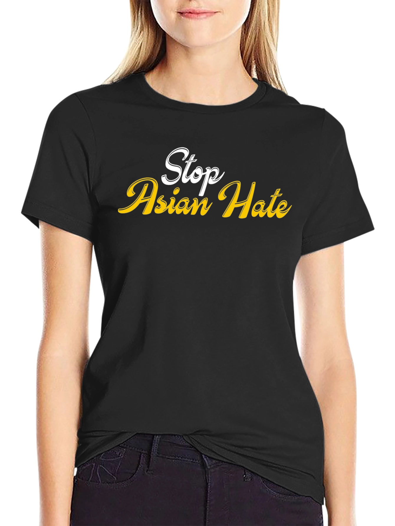 Black Stop Asian Hate T-Shirt - Black Crew Neck view 2