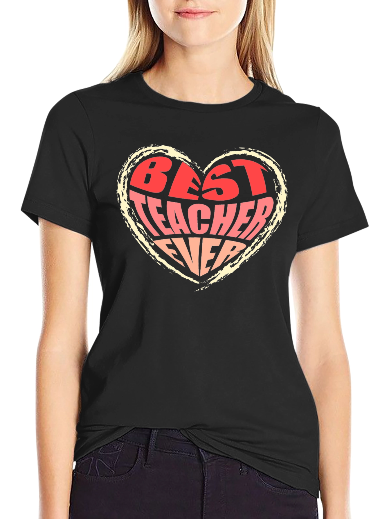 Black Best Teacher Ever Heart Graphic Tee - Black view 2