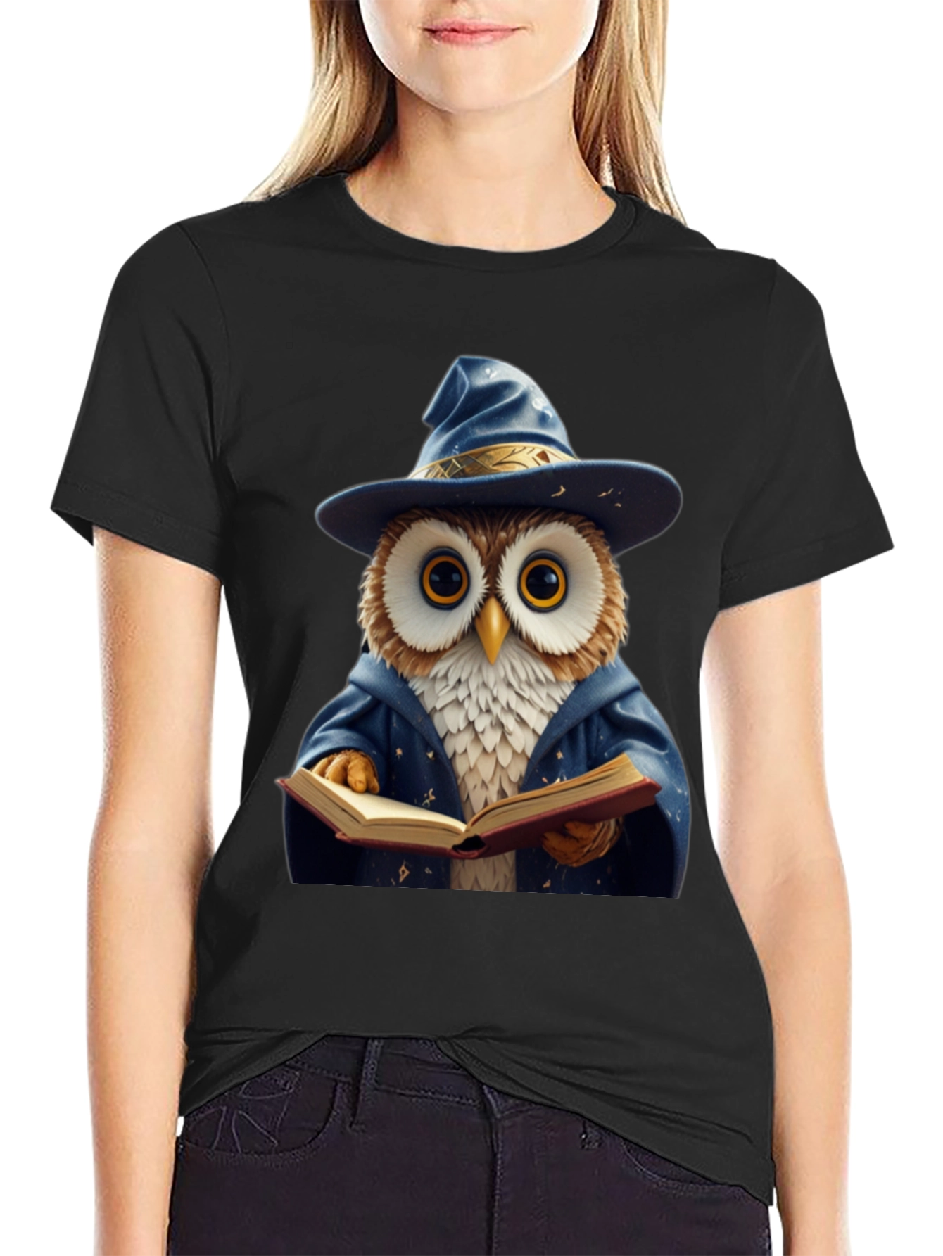 Black Wizard Owl T-Shirt - Funny Bookworm Tee view 2