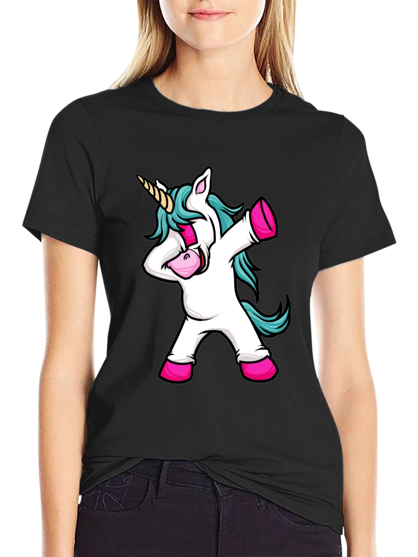 Black Dabbing Unicorn Black Graphic Tee view 2