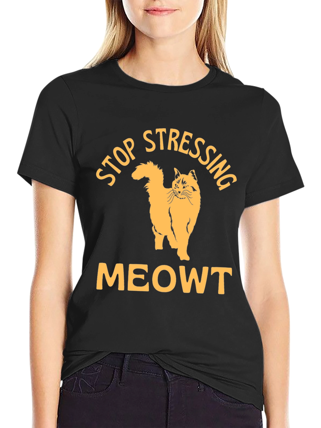Black Stop Stressing Meowt Black T-Shirt view 2