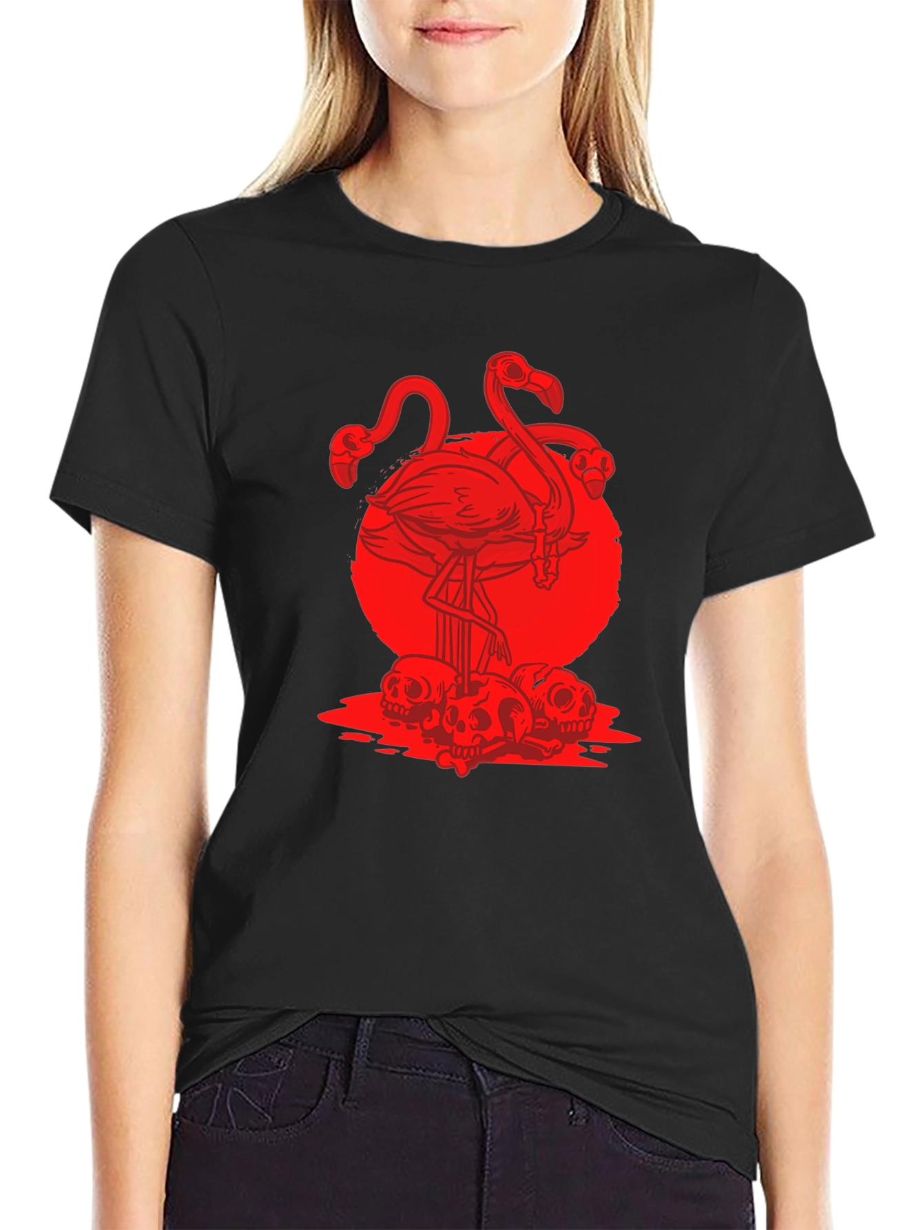 Black Flamingo Skulls Graphic T-Shirt view 2