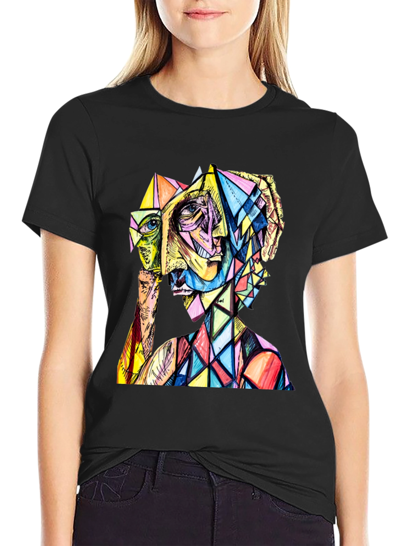 Black Abstract Geometric Face Graphic Tee view 2