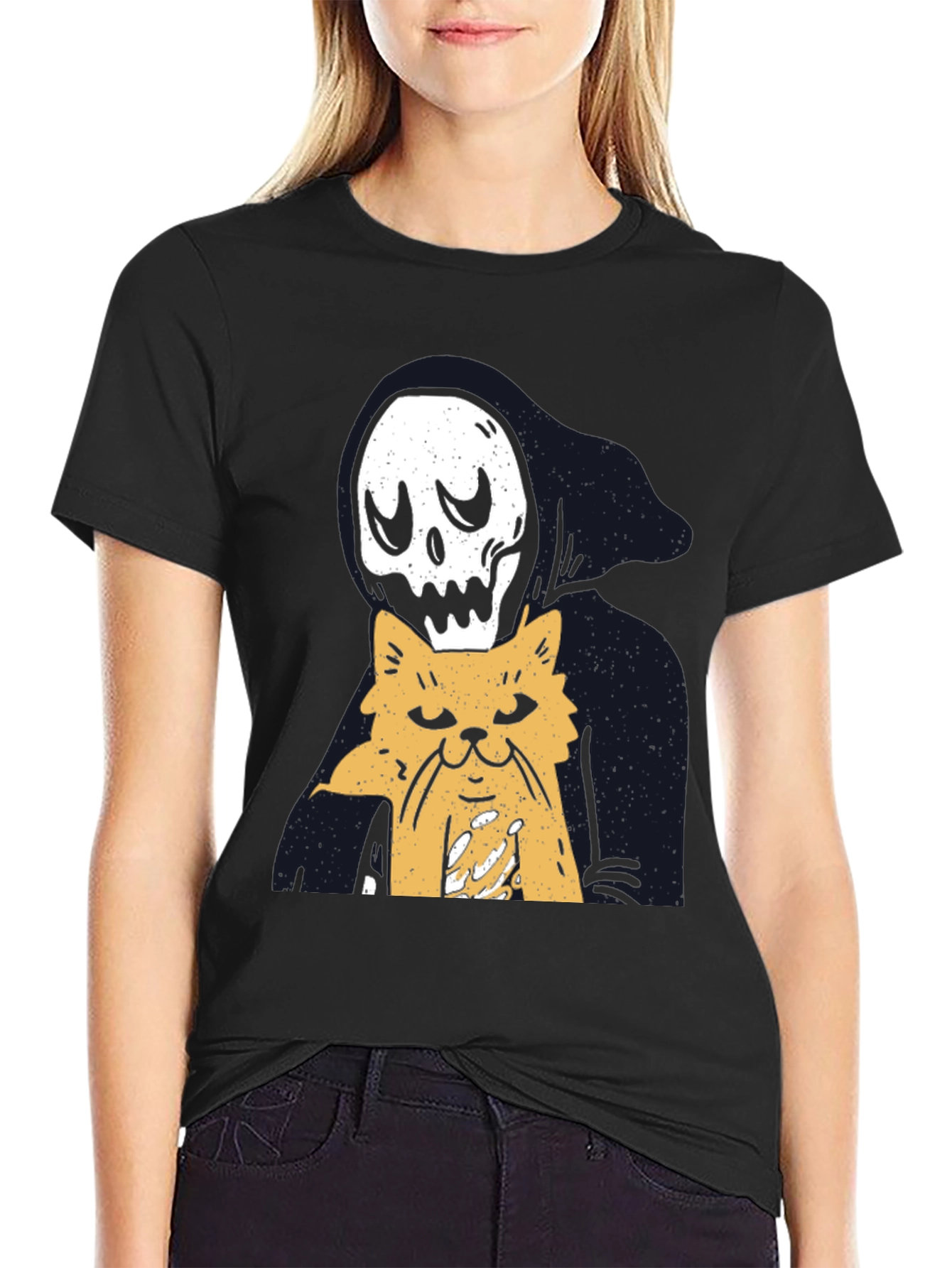 Black Grim Reaper Cat Lover T-Shirt - Black view 2