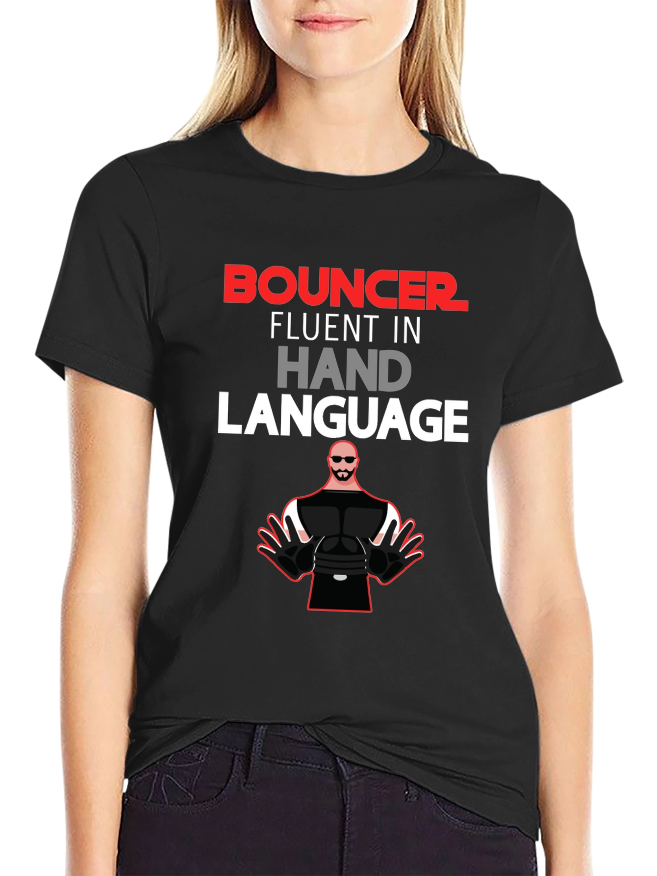 Black Bouncer Fluent in Hand Language Black Graphic Tee view 2