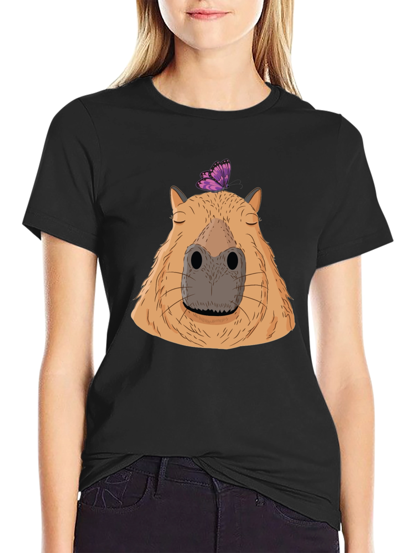 Black Capybara & Butterfly Graphic T-Shirt - Comfort & Style view 2
