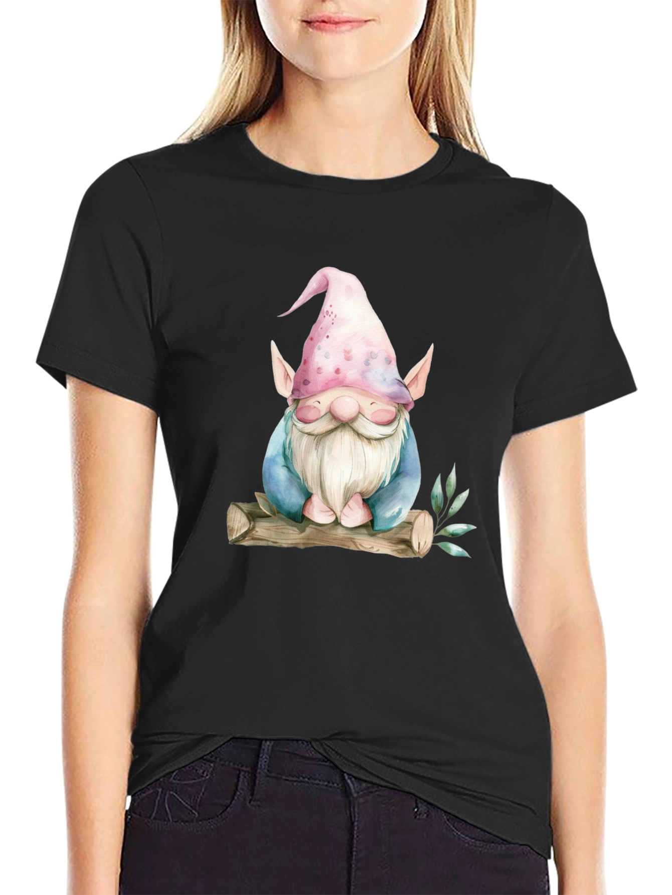 Black Whimsical Gnome Graphic Tee - Black view 2
