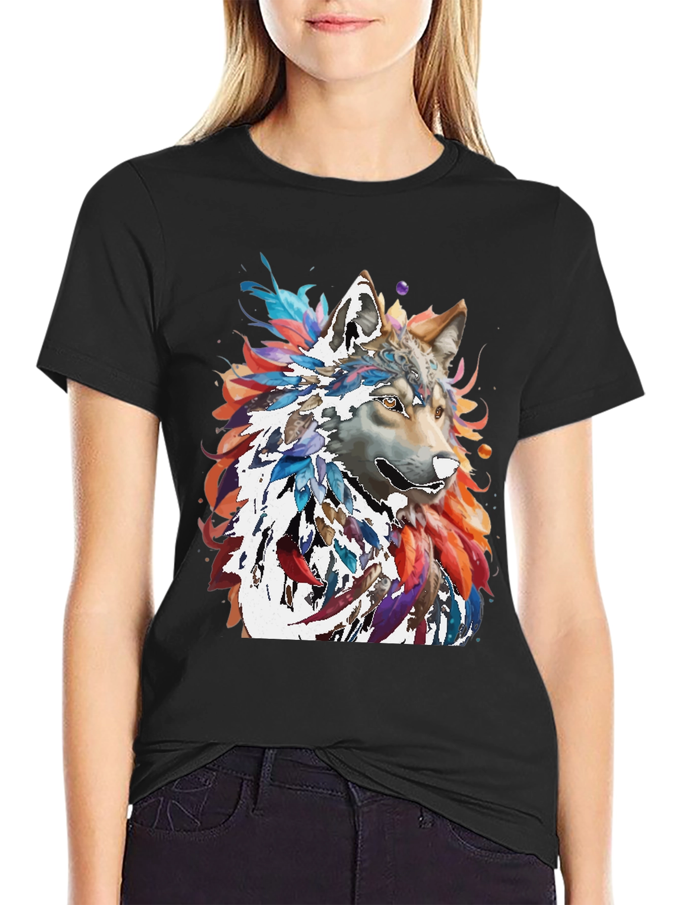 Black Wolf Art Graphic Tee - Men's Black T-Shirt view 2
