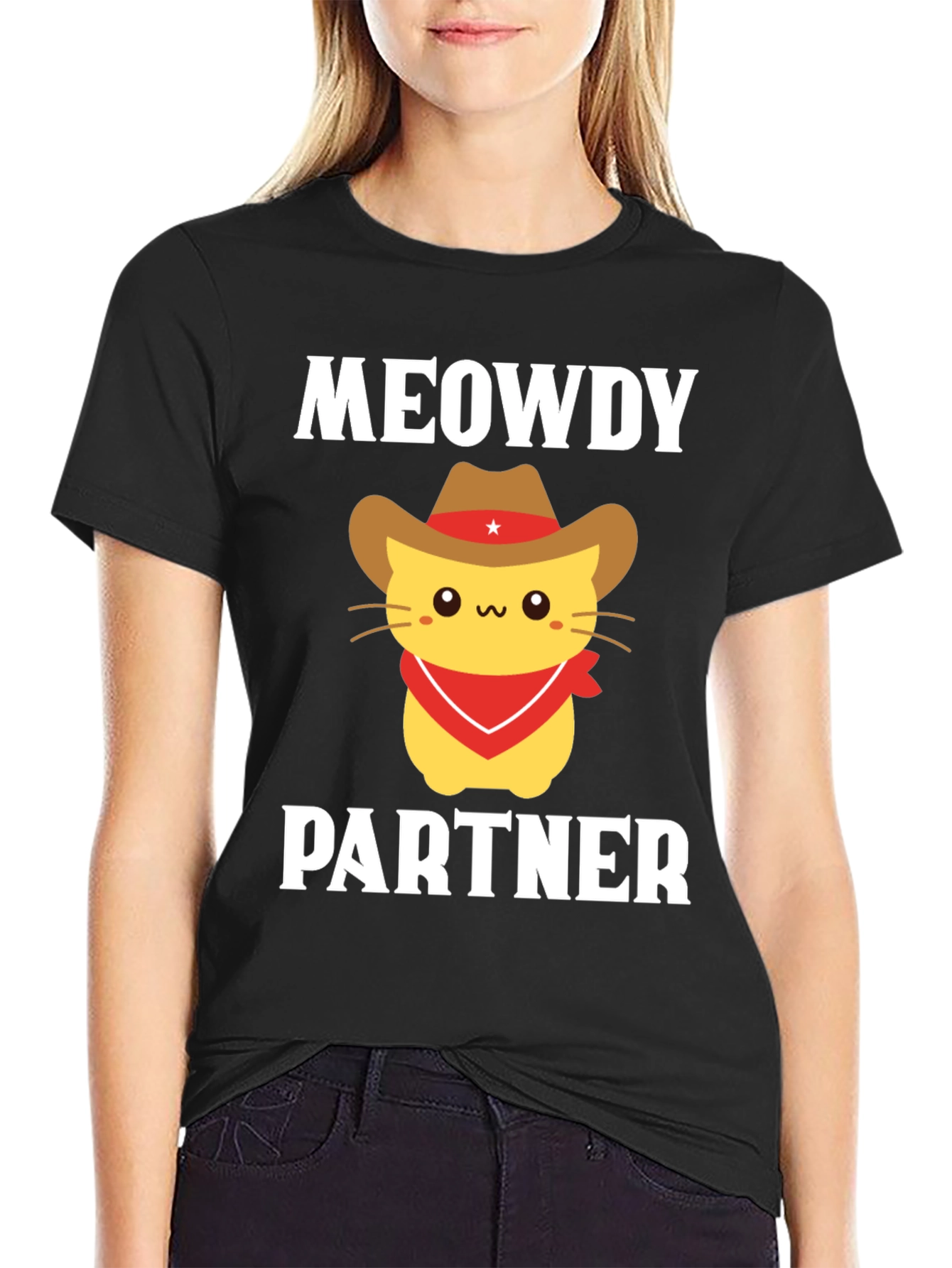 Black Meowdy Partner Cat Cowboy T-Shirt view 2