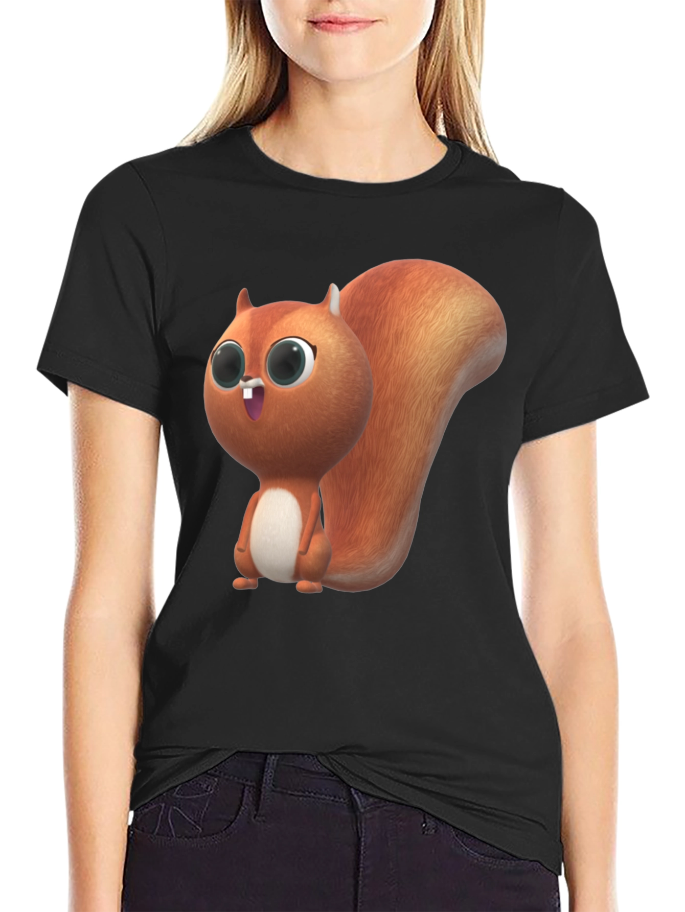 Black Cute Squirrel Graphic Black T-Shirt view 2