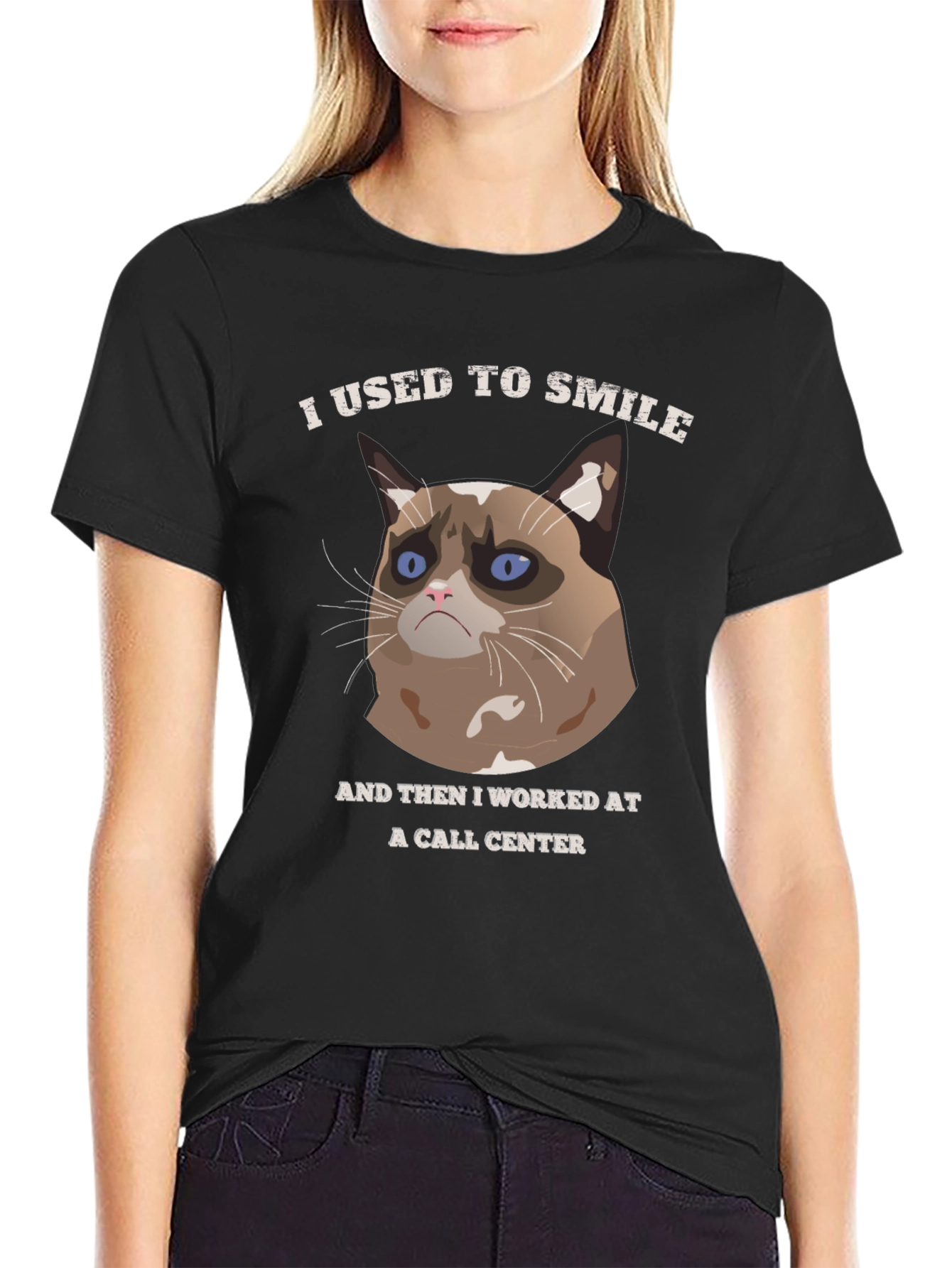 Black Grumpy Cat Call Center T-Shirt view 2