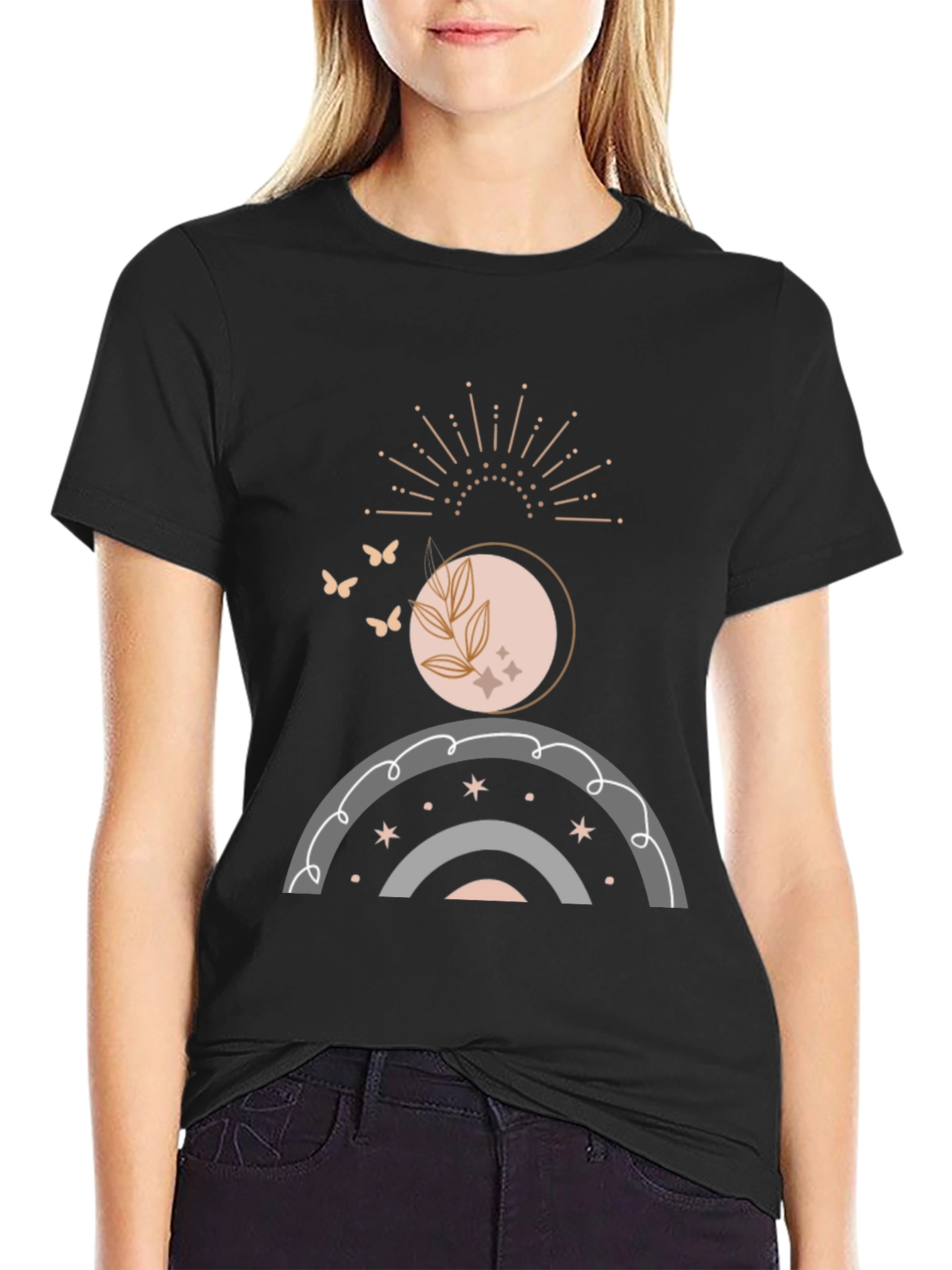 Black Boho Celestial Rainbow T-Shirt - Stylish & Unique Design view 2