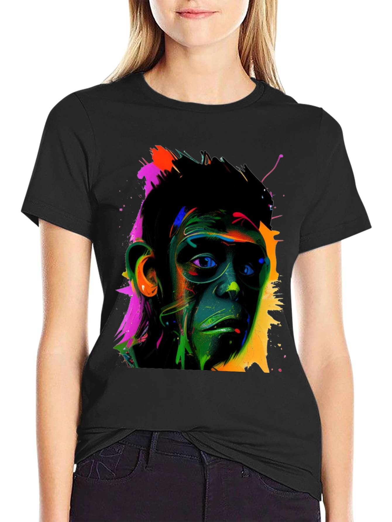 Black Colorful Monkey Face Graphic T-Shirt view 2