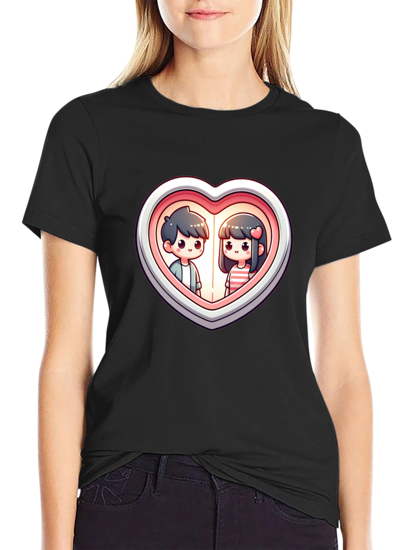 Black Cute Couple Heart Graphic Tee - Black Cotton T-Shirt view 2