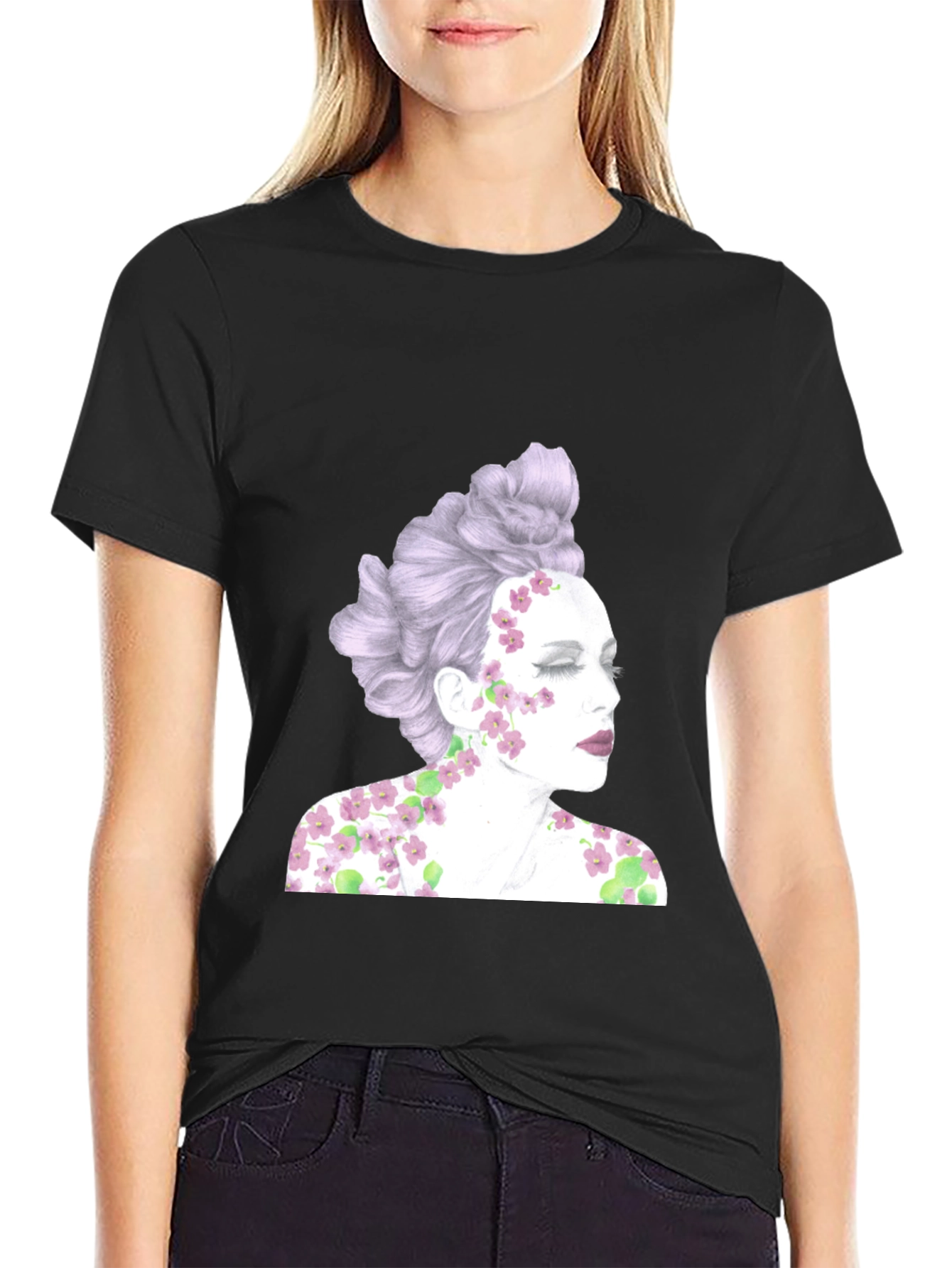Black Floral Woman Graphic Tee - Unique Design view 2