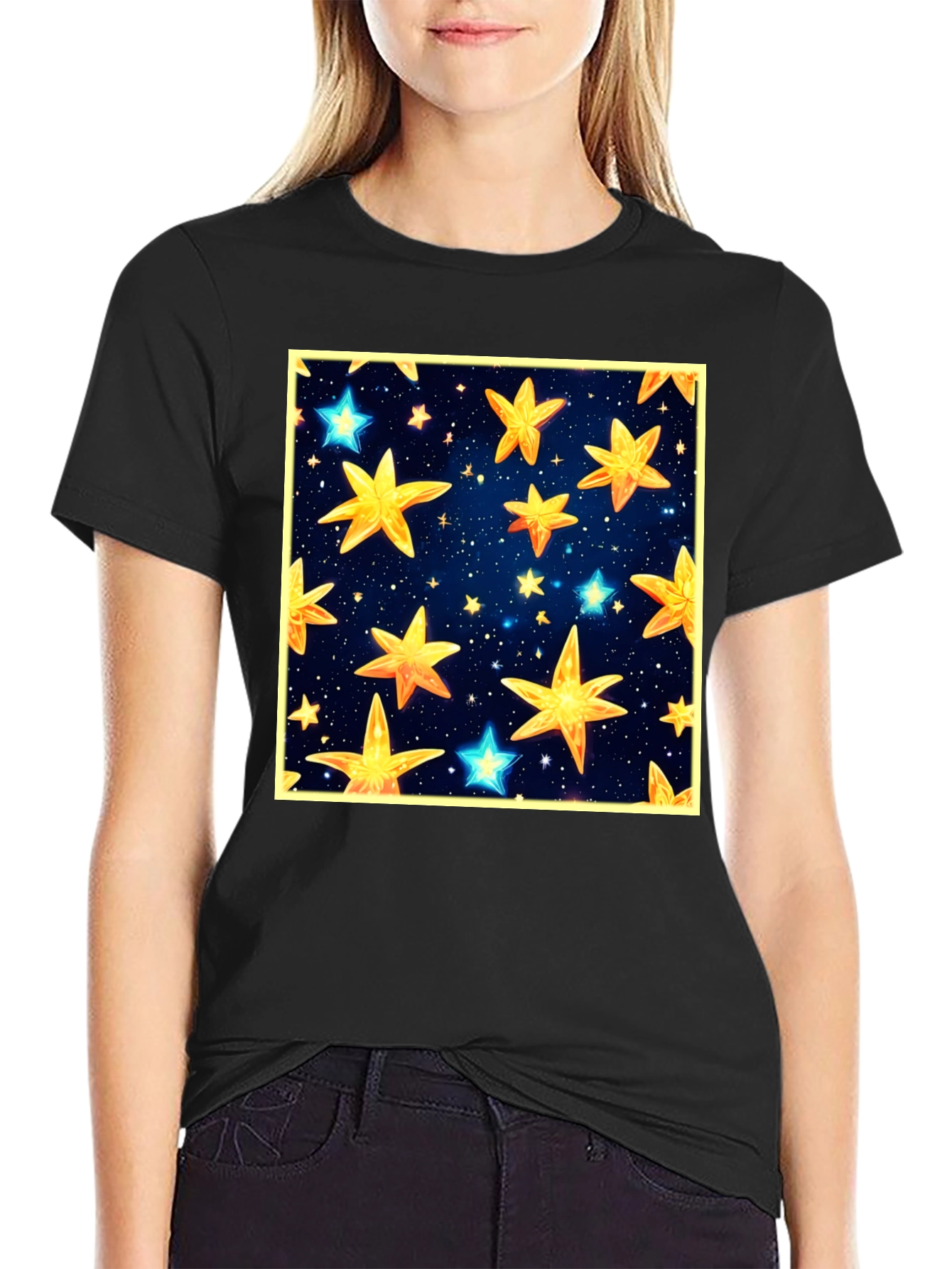 Black Starry Night Graphic Tee - Black Cotton Comfort view 2
