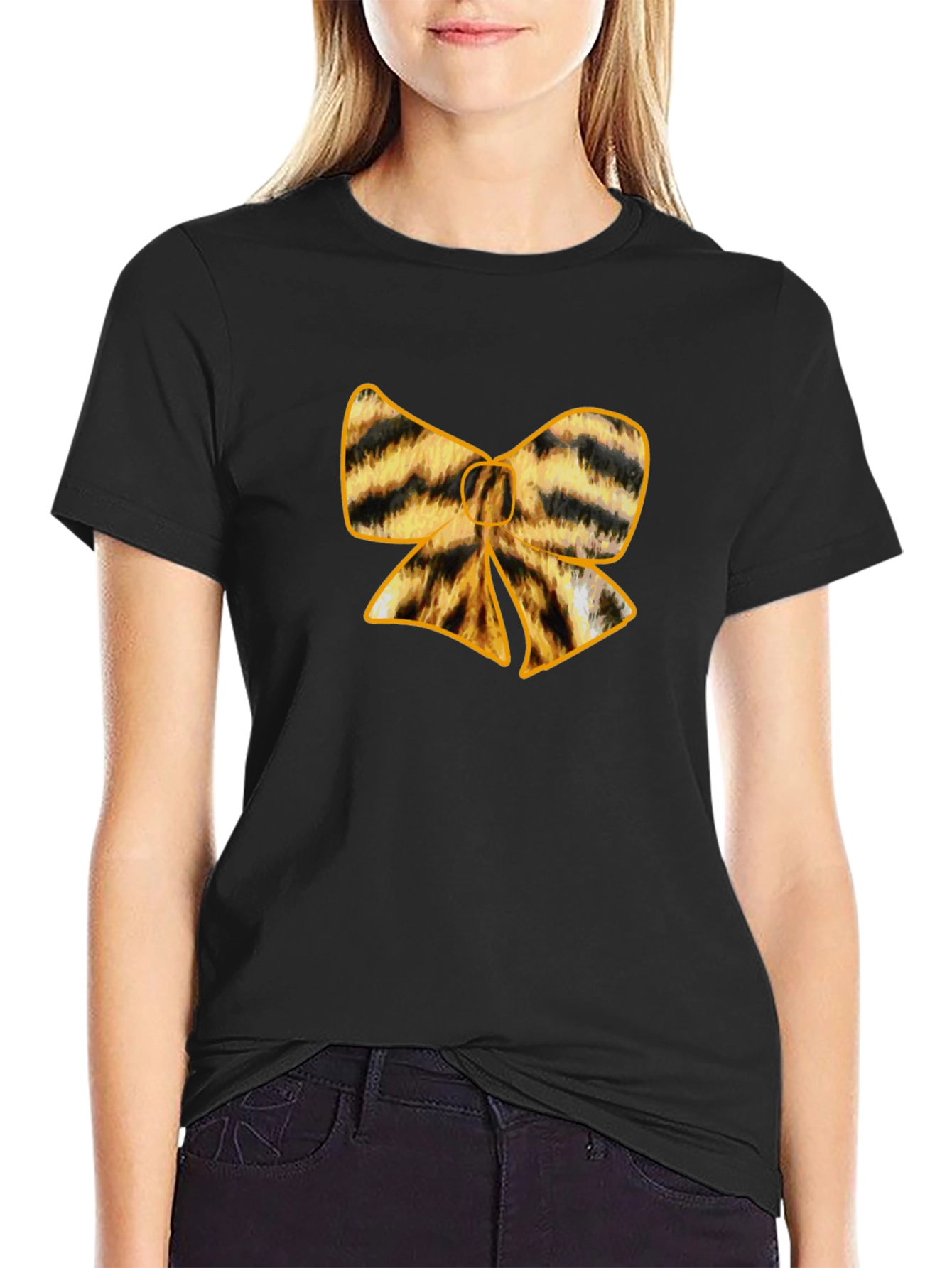 Black Striped Bow Tie Graphic Tee - Stylish Black T-Shirt view 2