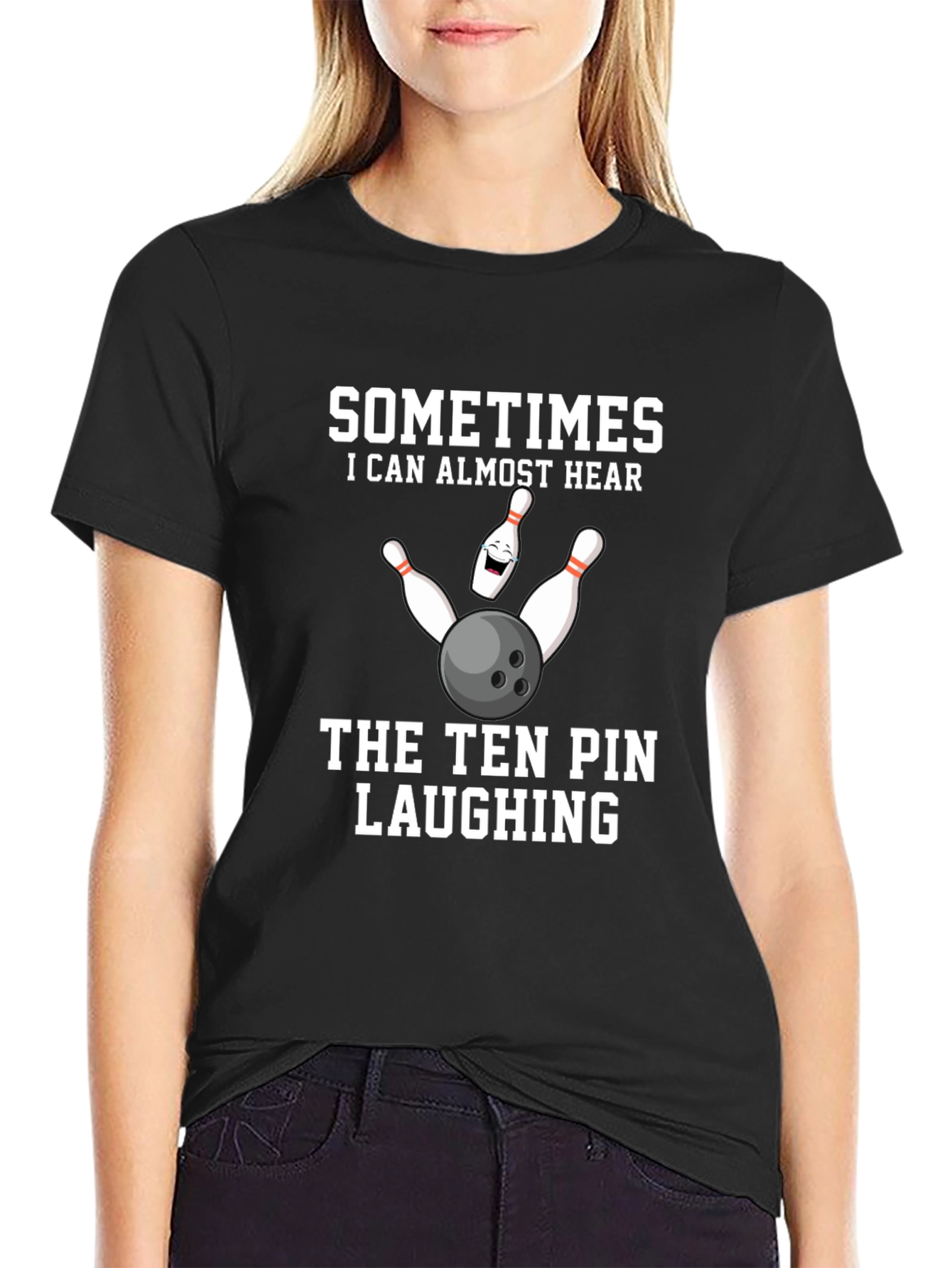 Black Funny Bowling T-Shirt: Ten Pin Laughing Design view 2